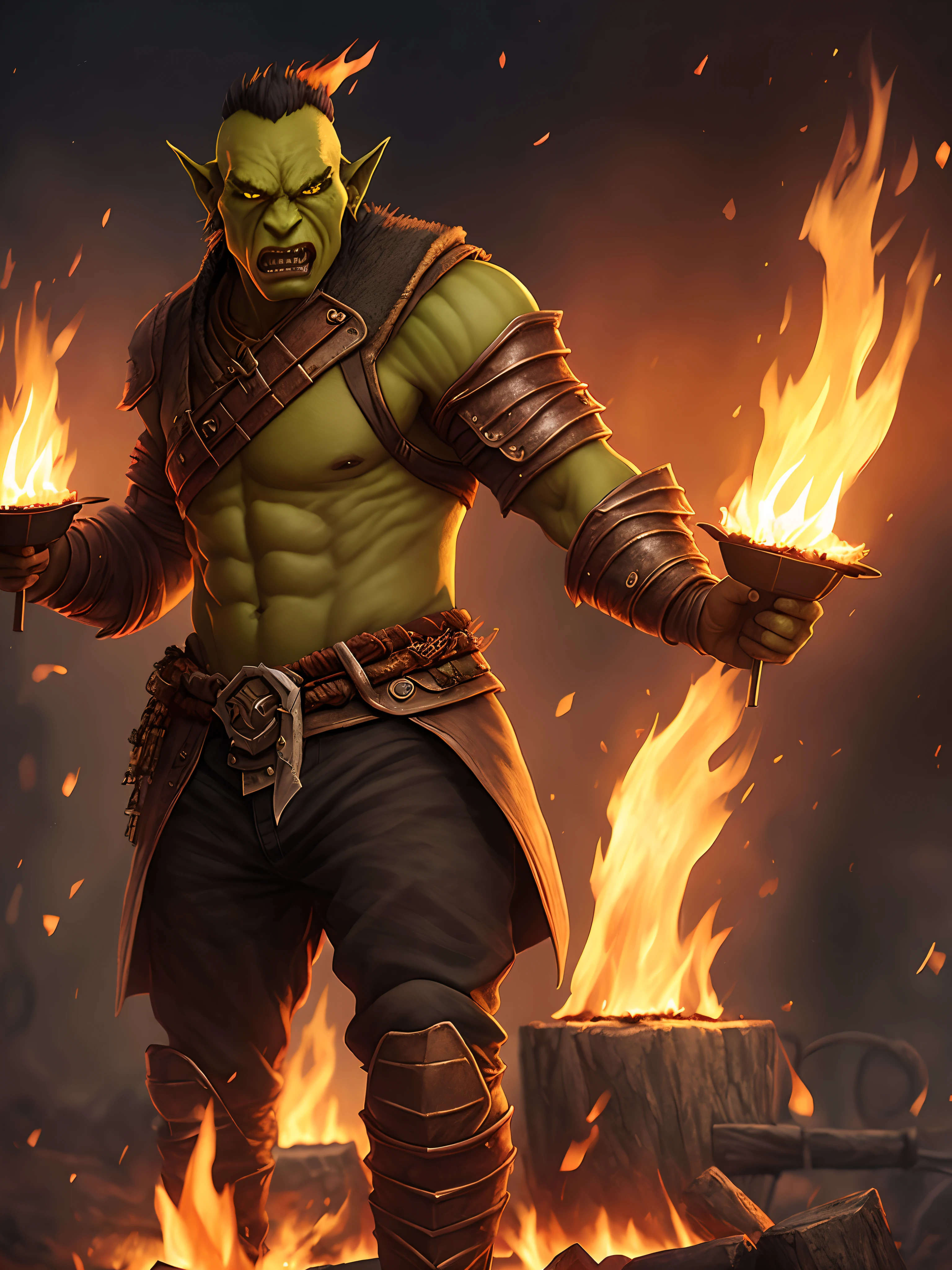 arafed image of a man with a fire and flames around him, concept art by Ryan Barger, Artstation contest winner, fantasy art, orc themed, trending on artstation:3, orc, trending on artstation hd, orc warrior, amazing 8k character concept art, an orc, as trending on artstation, trending in artstation, trending artstation