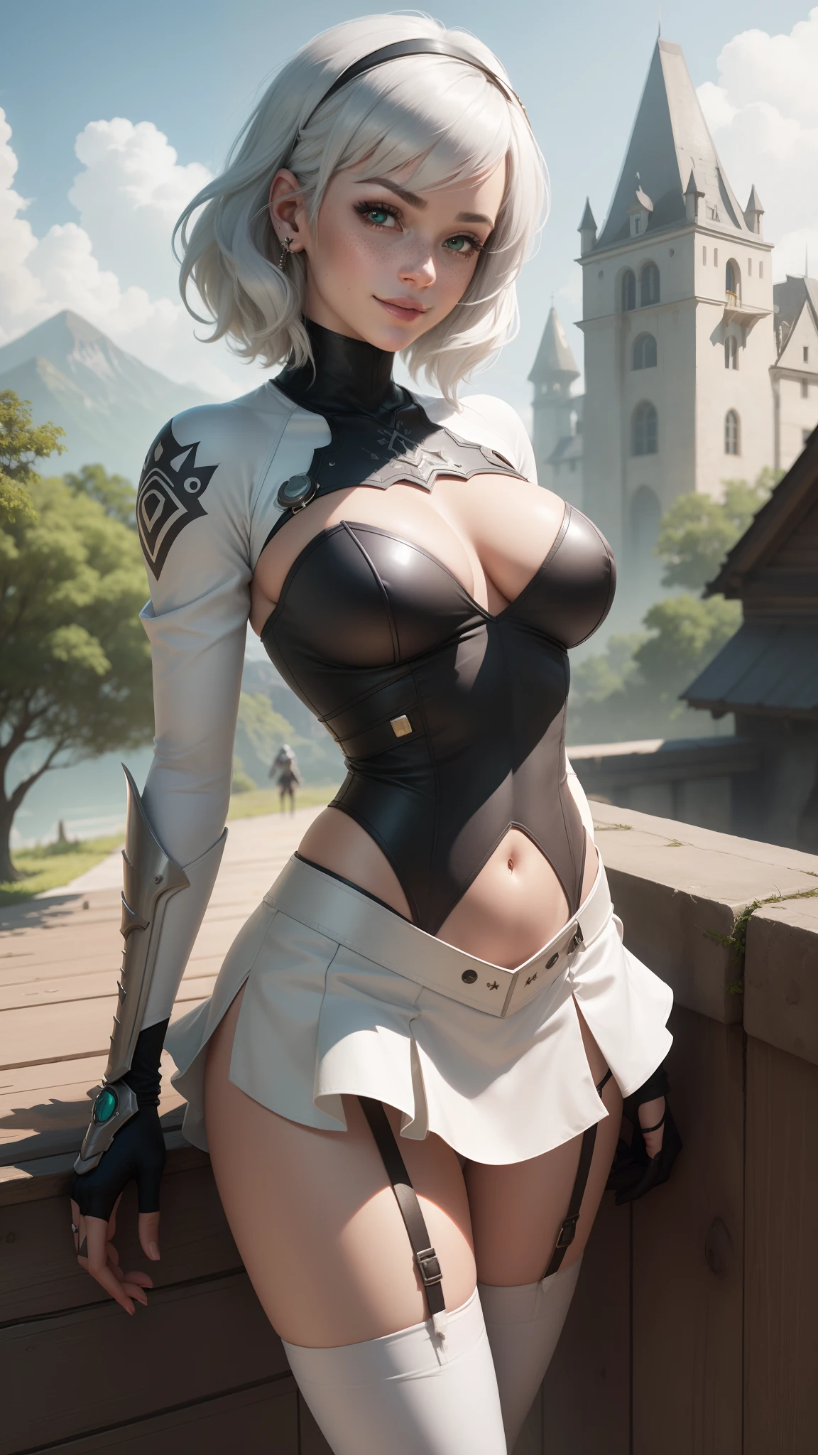 gwen tennyson,tracer,y'shtola rhul,yorha 2b,nier automata,overwatch,close up, mecha pilot,mountain road,tattoos, white and silver plugsuit,white short sleeve lycra top,white goth ruffle skirt,garter belt,uncovered belly,short hair,cute makeup,green eyes,dimensional silver hair,shy smile, freckles,beautiful girl,large breasts,4k hd,ultra detailed,realistic,fantasy art, valkyrie armor,steel armor,medieval castle,medieval garb,victorian dress,ear piercings,hair pin,thigh high boots,