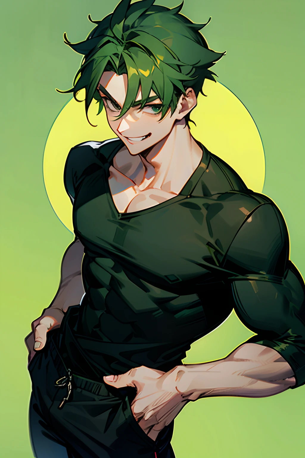 1boy, adult, straight short green hair, muscles, black shirt, black joggers, smile, cool, evil