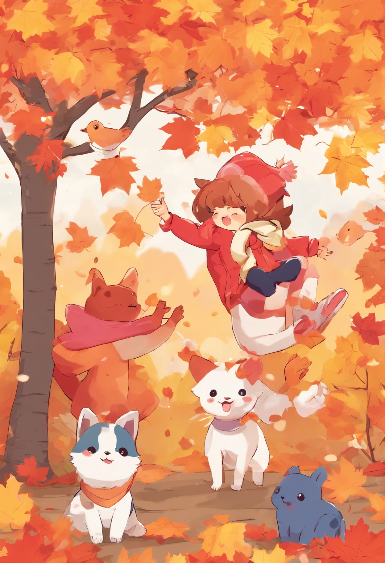 Five super cute animals in the autumn maple leaves, maple red, beautiful scenery, autumn, red maples, long shot tracking photography