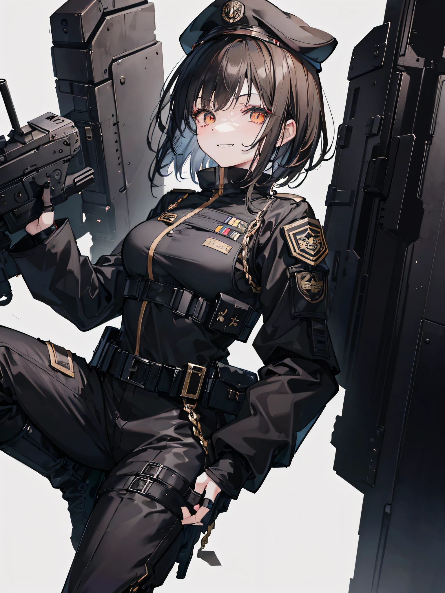 one anime girl, in a black military uniform, with dark golden hair, with a scary smile, with a short hairstyle, with dark golden eyes, in black military boots, in black military pants, in a black bulletproof vest, a black beret on her head.