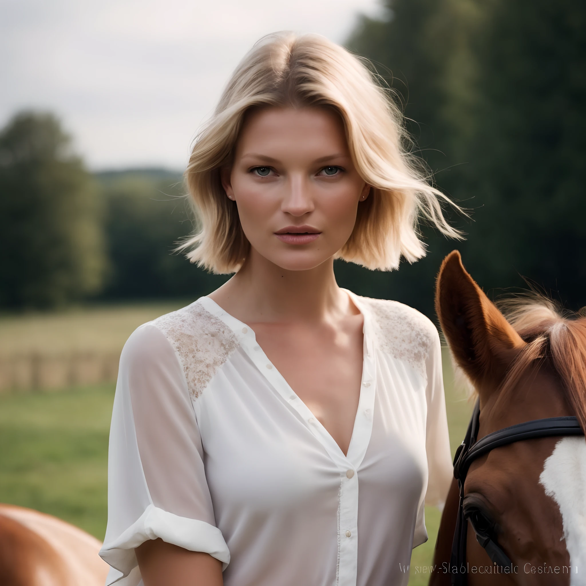 blond woman in white shirt standing next to a brown horse, aleksandra waliszewska, beautiful model, gorgeous woman, close portrait, on a horse, kate moss, stunning woman, close up portrait shot, stunning model, karolina cummings, crisp smooth lines, in the countryside, achingly beautiful, beauty shot, a gorgeous blonde