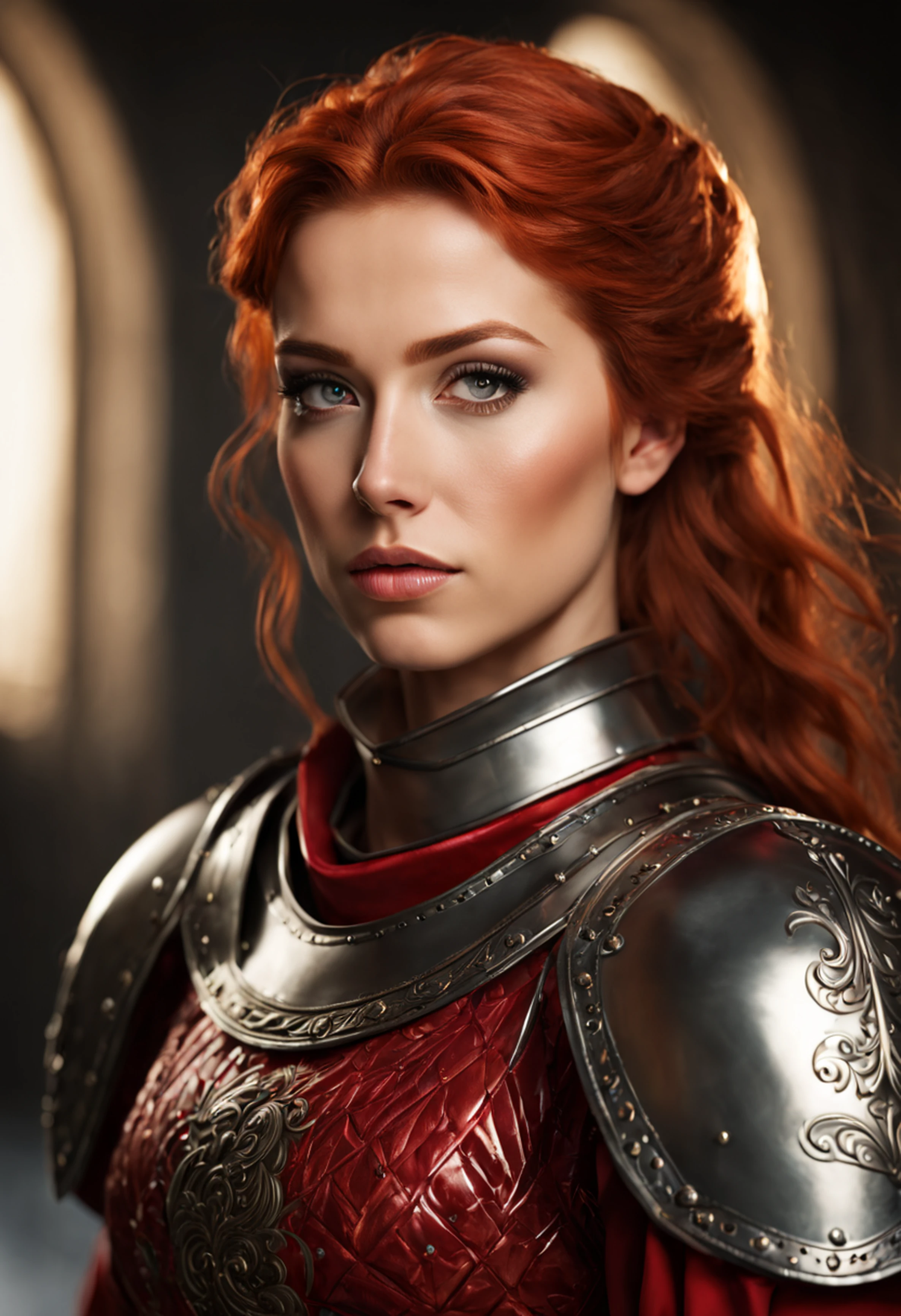 young woman, fit, athletic, red hair, green eyes, in red medieval armor, wide angle shot, detailed, perfect face, detailed pupils, perfect anatomy, sharp focus, insanely detailed, realistic, detailed, sharp, fine and precise, delicate lines, complex cinematography, sharp focus, dynamic posture, highly detailed, high quality, detailed face, detailed eyes, insanely detailed, 32k, studio cinematic lighting, crisp focus, graininess, feeling of passion, ideal body proportions