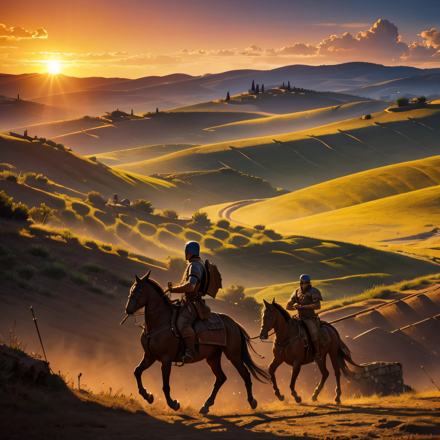 Fantastic art of warrior fighting in the Italian landscape of the Tuscan campaign with a very detailed cinematic sunset with very dramatic colors and characters with realistic shapes