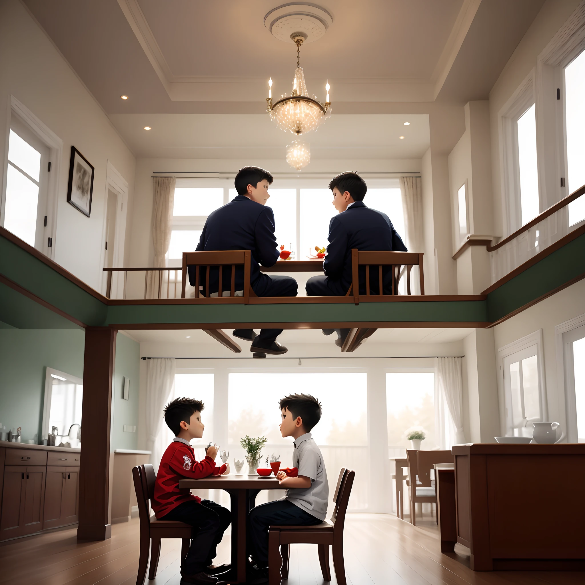 A dining room with people sitting around the table. On the left a 8 boys goes up the stairs