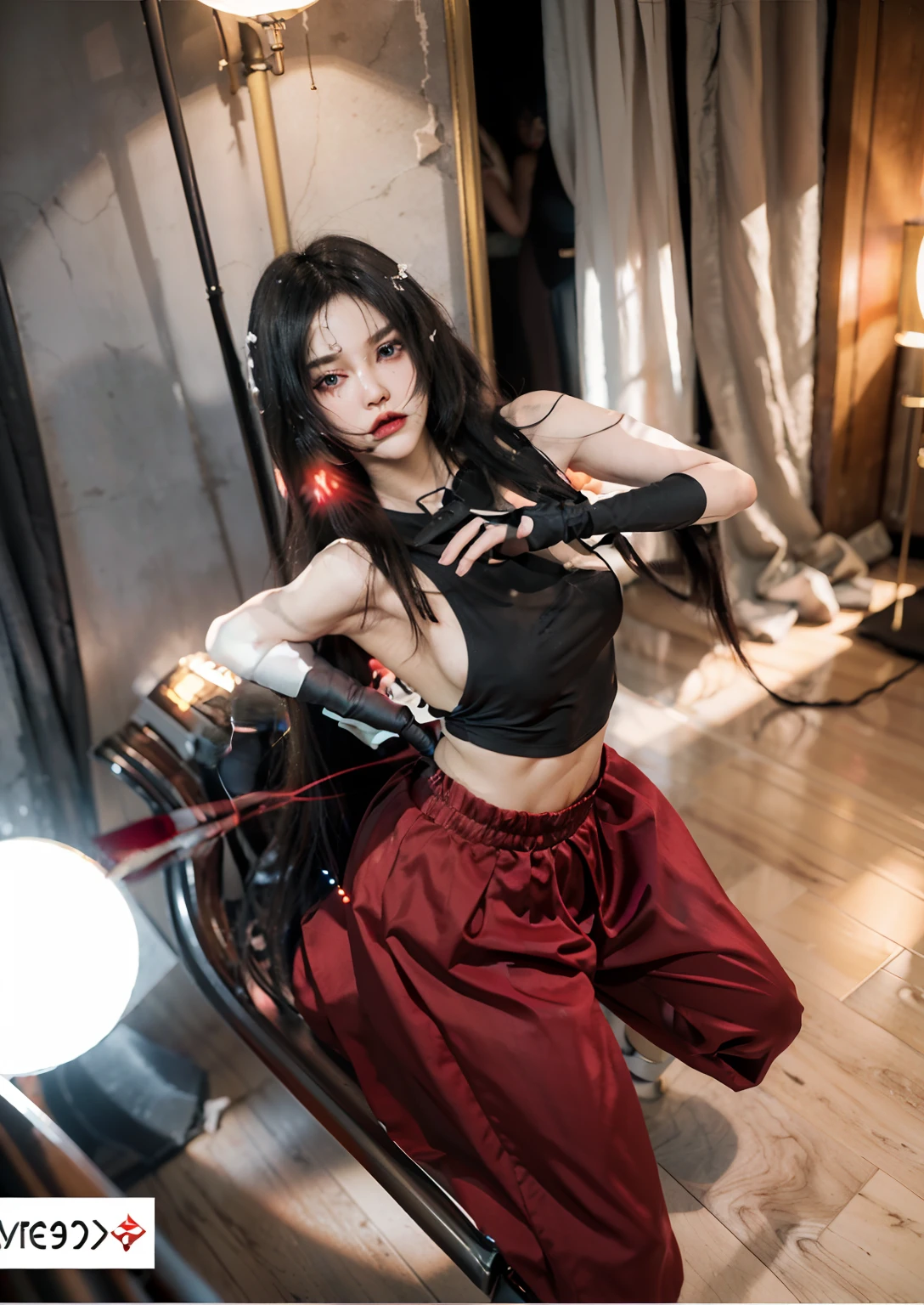 there is a 3d image of a woman in a black outfit, second life avatar, lacivious pose, virtual self, distorted pose, evil pose, sinister pose, aeon flux style, badass pose, glamorous tifa lockheart, aggressive pose, doing a sassy pose, goth girl, inspired by Ren Renfa, desperate pose, imvu, glamorous pose,((gray studio background)), picture-perfect face, flawless, clean, masterpiece, professional artwork, famous artwork, perfect face, beautiful face, beautiful eyes, ((perfect female body)), solo,(immersive atmosphere, chiaroscuro:1.5,bright light:1.2,luminous lighting) ,,(blush:0.5),seductive expression,extremely detailed_eyes,thick thighs, beautifully detailed background,depth of field,realistic:1.3,(ambient light:1.3),(cinematic composition:1.3),(neon lights:0.1),(HDR:0.1),Accent Lighting,imvu