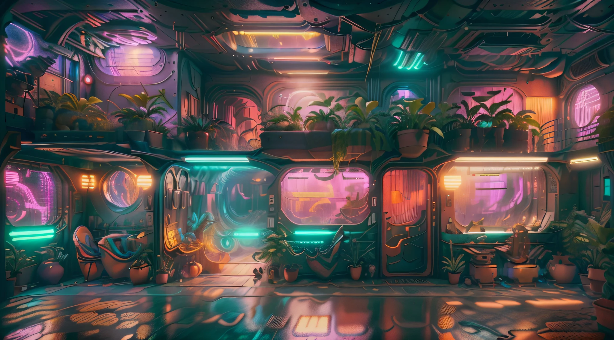 ((Obra maestra)), (Ultra detallado), (Detalles intrincados), (high resolution CGI artwork 8k), Create a Realistic Small Antique Image (dormitorio) At night with warm colors and pastel and light. Una de las paredes debe tener una ventana grande con un, De color, y detallado (cyberpunk), synthwave, neon cityscape. La ciudad debe tener un estilo futurista con muchos colores, Neon lights, Signos, and differently-sized buildings. El paisaje urbano debe ser extremadamente detallado con profundidad de campo. The city should have a lot of visual interest with many small details. Utilize atmospheric and ambient lighting to create depth and evoke the feel of a busy futuristic city outside the window. Pay close attention to details like intricate, contrata ojos y acentos de dormitorio de los 90. camera: Plano amplio que muestra la cama o el escritorio y la ventana. La ventana debe ser el punto focal de la imagen. luci: use atmospheric and volumetric lighting to enhance the cityscape details. The room should be illuminated by the neon lights from the cityscape.