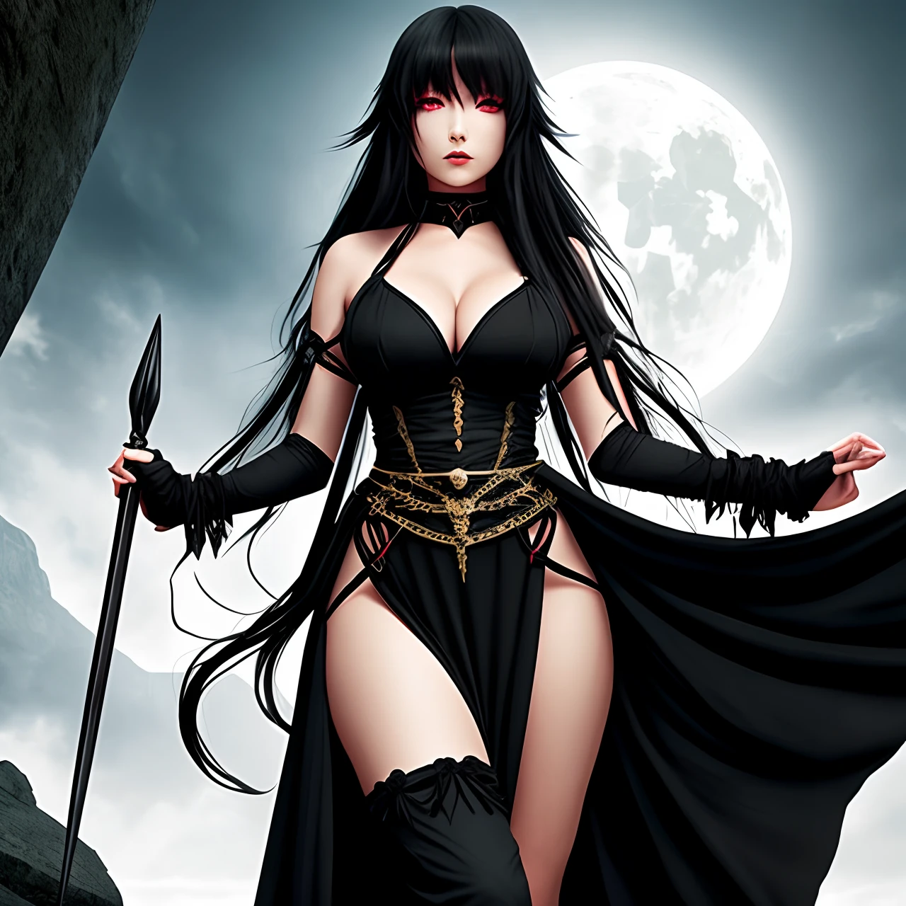 human form, beautiful,  wise, large breasts, long black dress, red eyes, long hair, black hair, slit dress, evil magic, solo, graphic art (dungeons and dragons)