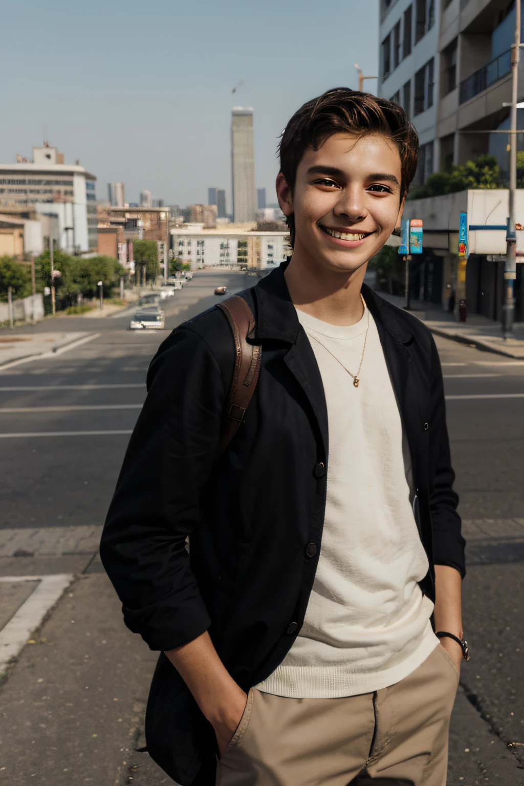 Lucas is an 18-year-old smiling human boy, cientista curioso, Standing behind a city