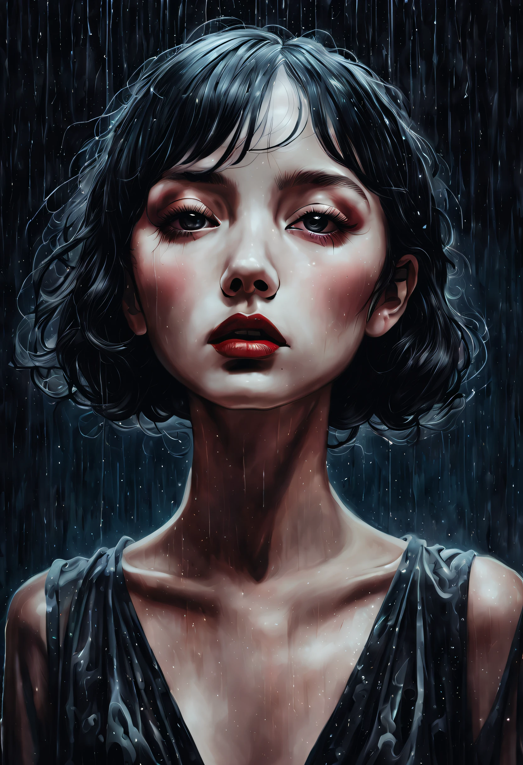 chiaroscuro technique on sensual illustration of an elegant girl, loli, abstract rain, vintage, eerie, matte painting, by Hannah Dale, by Harumi Hironaka, extremely soft colors, vibrant, highly detailed, digital illustrations , high contrast, dramatic, refined, tonal, facial expression