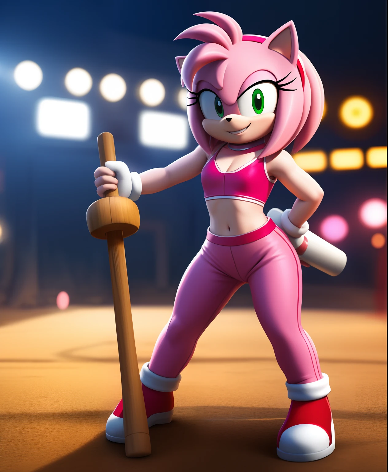 Amy Rose, pink cinematic outfit, holding a piko mallet, live action style, full body view