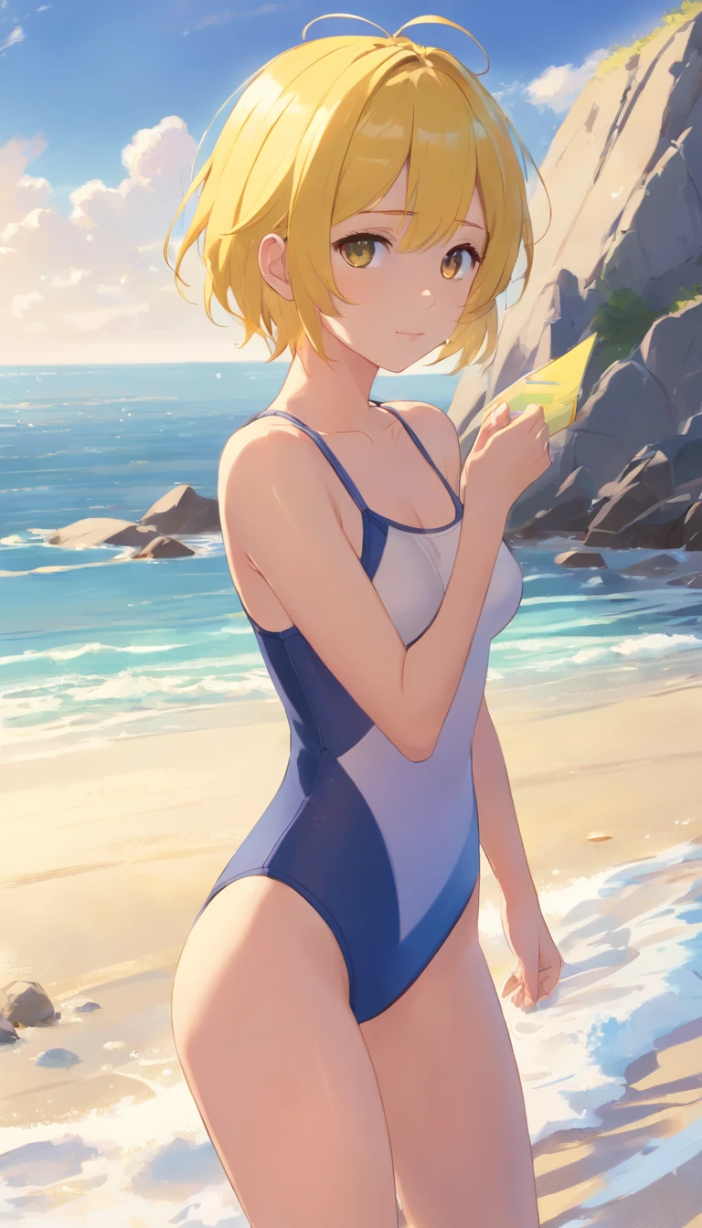 Beach,search,short yellow hair,full body, Dark, tight clothes, blue bathing suit