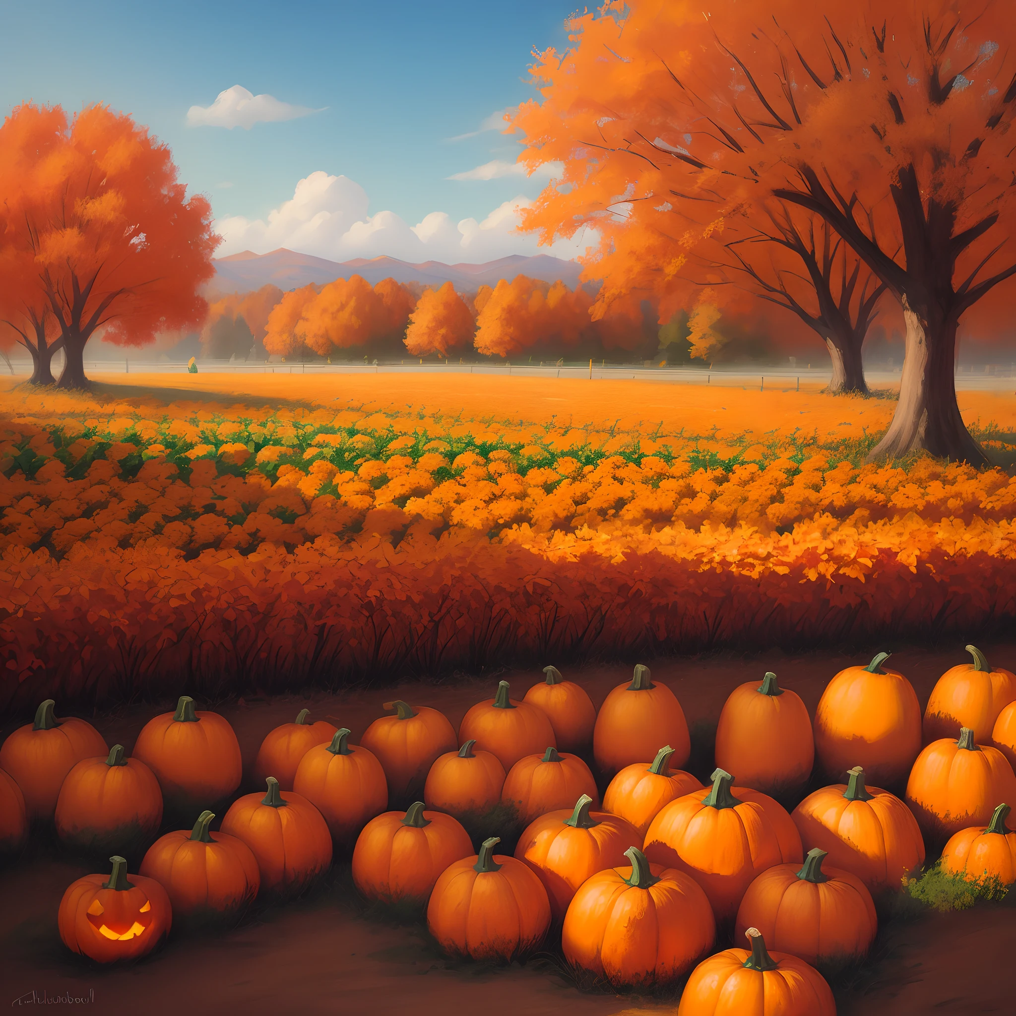 Autumn day pumpkin patch brush painting