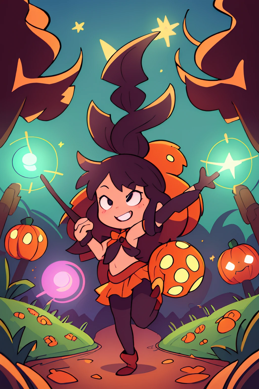 (best quality,4k,8k,highres,masterpiece:1.2), ultra-detailed, (realistic,photorealistic,photo-realistic:1.37), HDR, colorful lighting, young cute witches, young cute wizards, Halloween night, magical atmosphere, enchanting costumes, twinkling stars, moonlit sky, swirling spells, broomsticks, cauldrons, playful laughter, mischievous grins, whimsical dances, hypnotizing movements, energetic music, mystical glow, whimsical decorations, bewitching moonlight, swirling leaves, glowing pumpkins, vibrant colors, spellbinding rhythm
