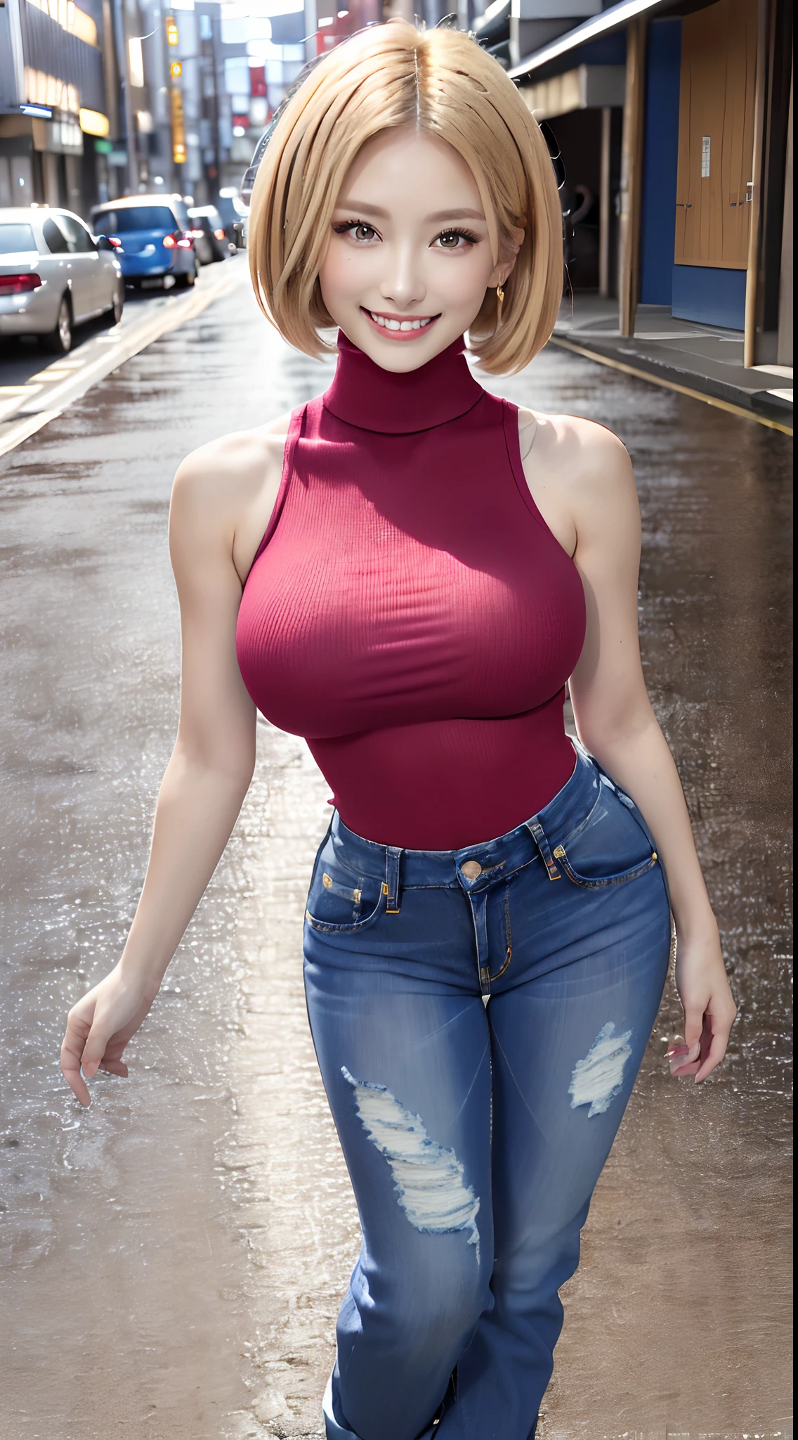 8K, 超A high resolution, Best Quality, masutepiece、超A high resolution、top-quality、 (quite massive chest、Pretty big breasts、Stand with legs quite large and open to the side:1.3)(Red Sleeveless Turtleneck、Blue denim、Beautiful Japan Woman、(Blonde Short Bob)Super cute、Cute smile:1.25)(in a street)Combat boots