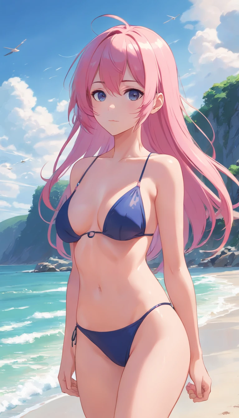 Beach，search，long pink hair，sexy, full body, Dark, tight clothes, bikini, no top, covering breasts with hands