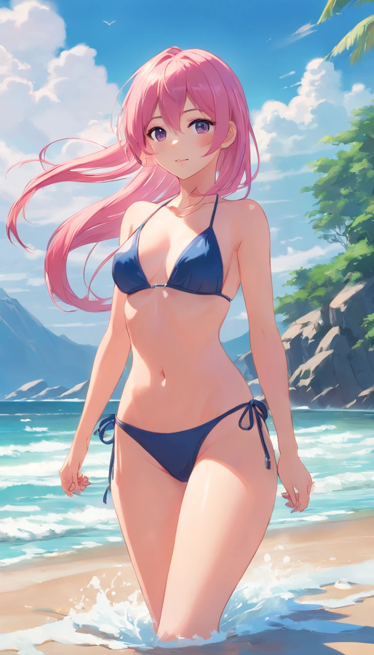 Beach，search，long pink hair，sexy, full body, Dark, tight clothes, bikini, no top, covering breasts with hands