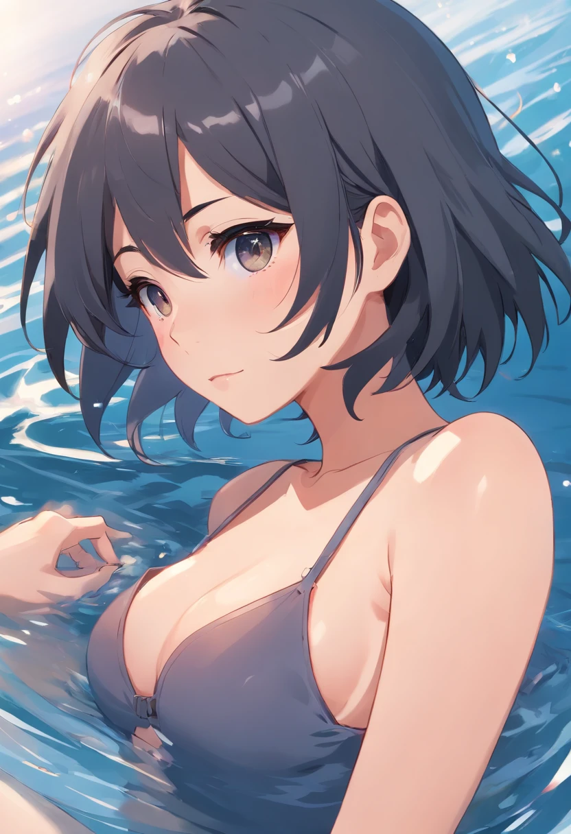 Gray skin colour, female, short, big tits, black hair, black filled eyes. nsfw