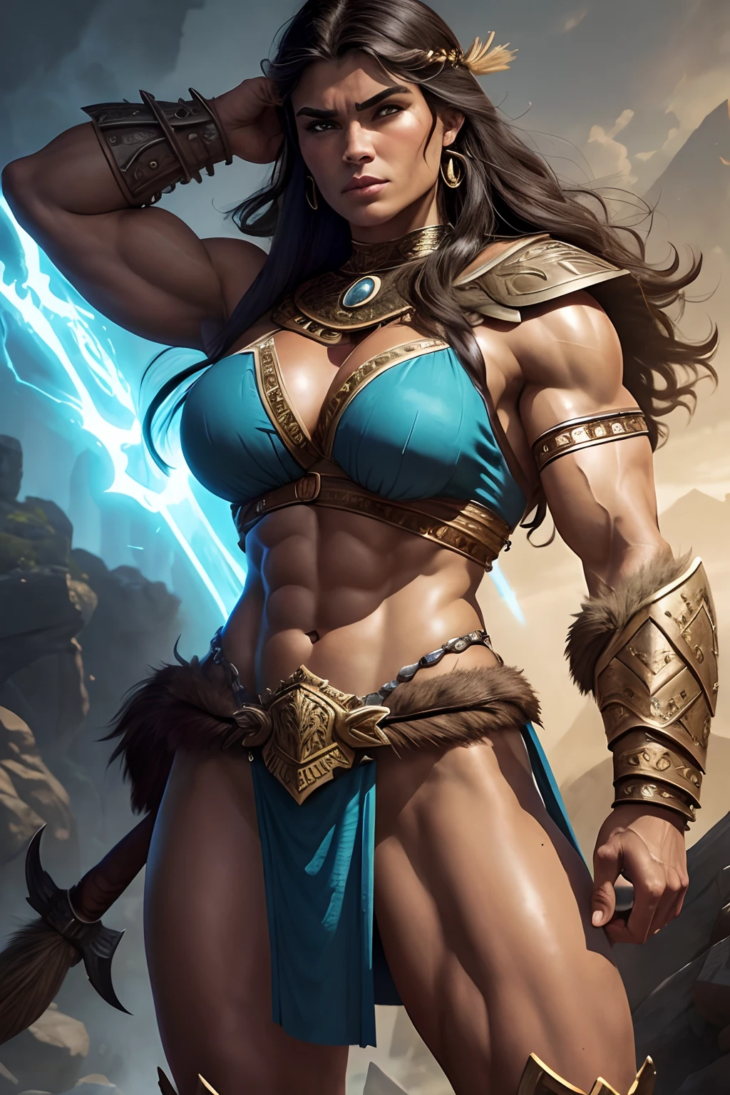 Draw a Barbarian Woman, Armor of the Barbarian Tribes, Heroic Pose, in full height, pumped legs, Handsome face, Wide cheekbones hyperrealism, muscled body, Relief muscles, inflated press, fantasy illustration, Bright light colours, ultradetail, super contrast, High-quality study of every detail, Muted color palette, Dusty natural shades