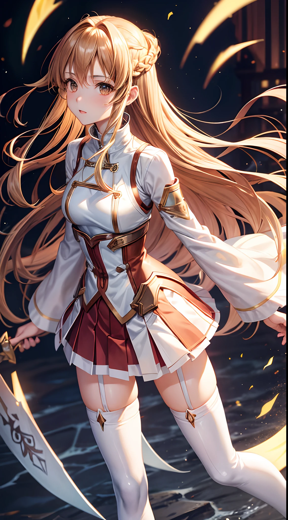 Asuna Yuki(Sword Art Online), dynamic angle, Long bronze hair,braid,Brown eyes,detailed eyes,Large chest lines,Round to front,armature,Chest flaps,White shirt with long sleeves,detached sleeves,Red and white skirt,pleated skirts,lifelike,The thin legs are very pretty.,Very beautiful long legs.,white thighhighs,garters,Perfect body,lifelike,Standing,Lean slightly forward.,high heels,city