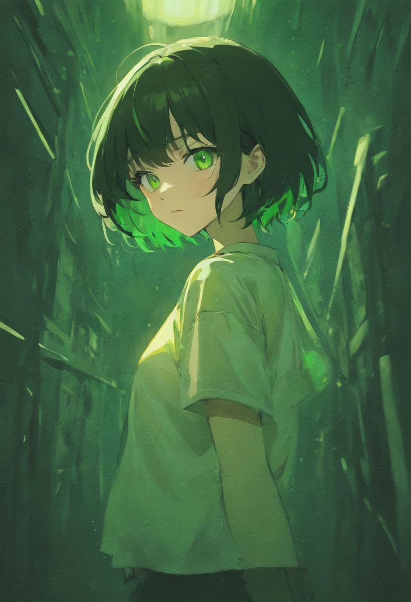 black-haired girl, dark green eyes, short hair with bangs, wearing white t-shirt, posing for photo