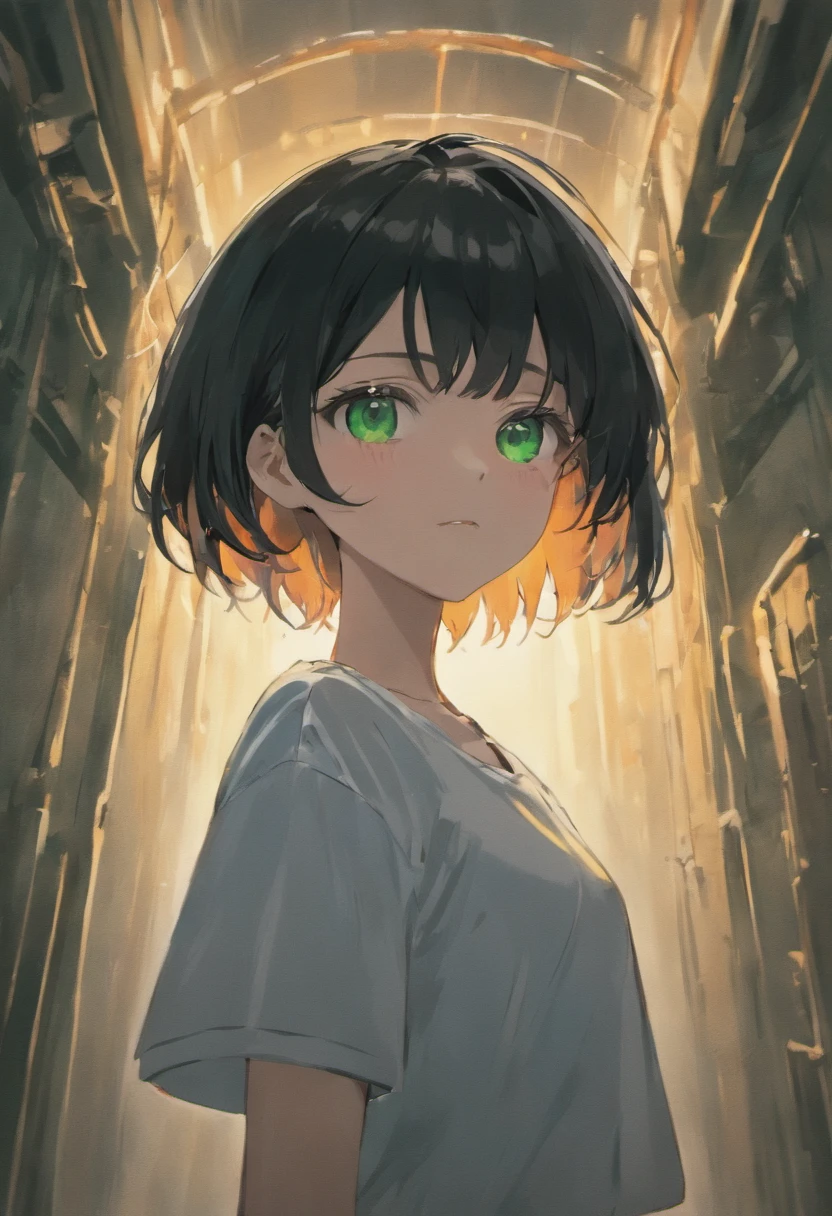black-haired girl, dark green eyes, short hair with bangs, wearing white t-shirt, posing for photo