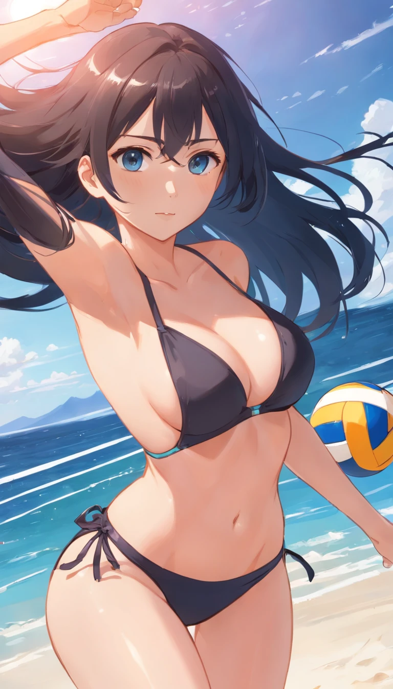 Beach，search，long black hair，sexy, full body, Dark, tight clothes, bikini, holding volleyball