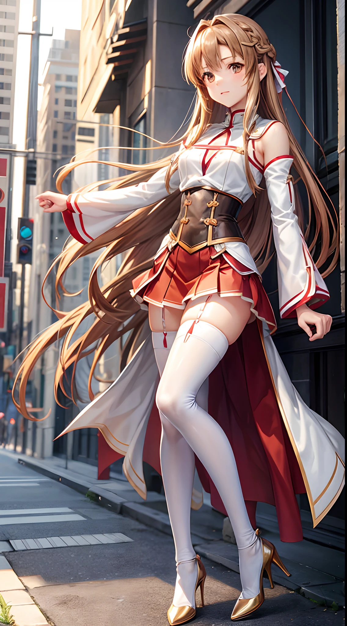 Anime - style girl in a red and white dress and high heels posing on a ...