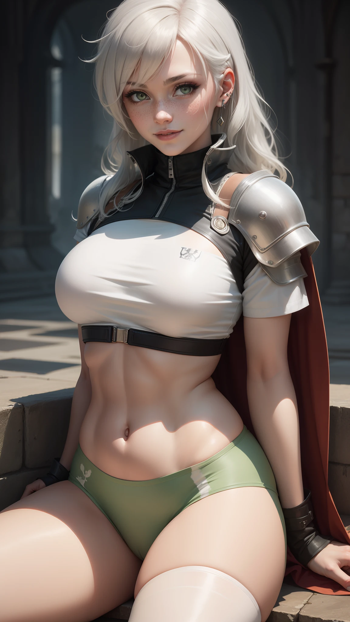 gwen tennyson,tracer,y'shtola rhul,rebecca chambers,atelier ryza,nier automata,close up, mecha pilot,mountain road,tattoos, white and silver plugsuit,white short sleeve lycra top,white goth ruffle skirt,garter belt,uncovered belly,short hair,cute makeup,green eyes,dimensional silver hair,shy smile, freckles,beautiful girl,large breasts,4k hd,ultra detailed,realistic,fantasy art, valkyrie armor,steel armor,medieval castle,medieval garb,victorian dress,ear piercings,hair pin,thigh high boots,striped panties,