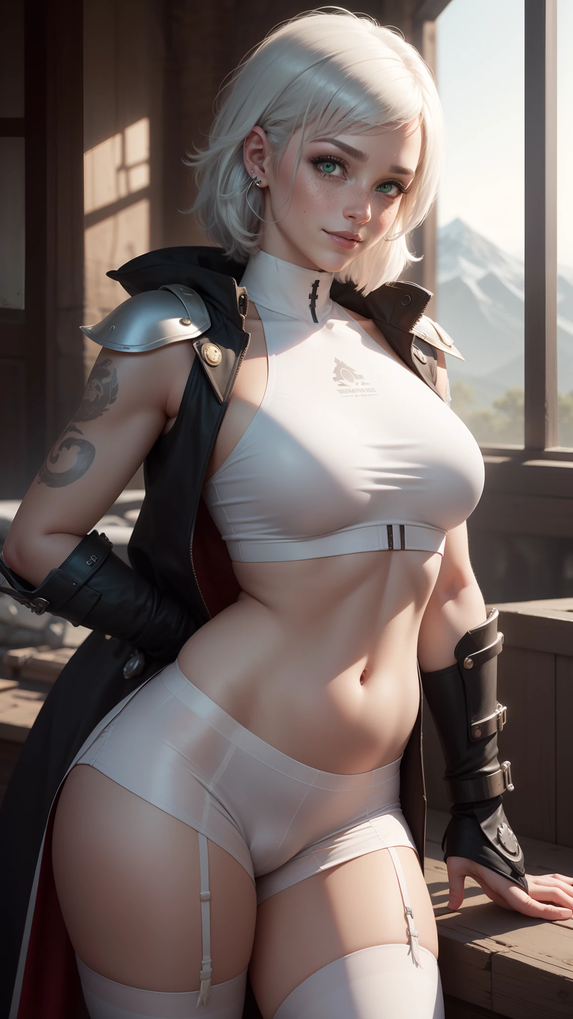 gwen tennyson,tracer,y'shtola rhul,rebecca chambers,atelier ryza,nier automata,close up, mecha pilot,mountain road,tattoos, white and silver plugsuit,white short sleeve lycra top,white goth ruffle skirt,garter belt,uncovered belly,short hair,cute makeup,green eyes,dimensional silver hair,shy smile, freckles,beautiful girl,large breasts,4k hd,ultra detailed,realistic,fantasy art, valkyrie armor,steel armor,medieval castle,medieval garb,victorian dress,ear piercings,hair pin,thigh high boots,striped panties,