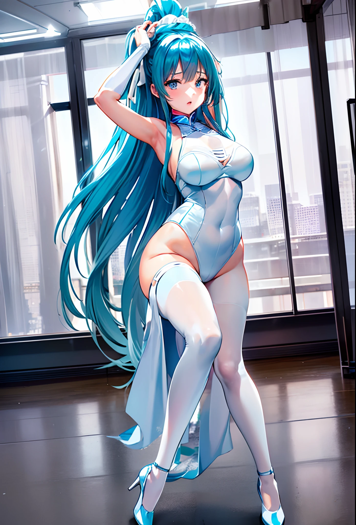 best qualtiy， tmasterpiece， 超A high resolution， realisticlying， 1 girl，Light blue long hair、Black eyes，Eotard in the bright white valley、（Ballet Set）Full-figured，black lence stockings，high-heels，Dance Ballet，Practice room，wide angles、Nisekoi