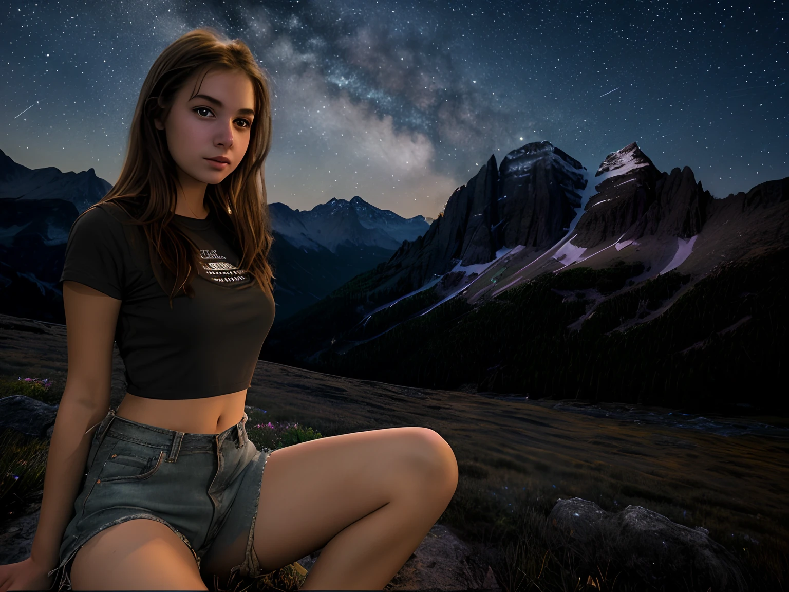 A beautiful girl in a mountain meadow at night