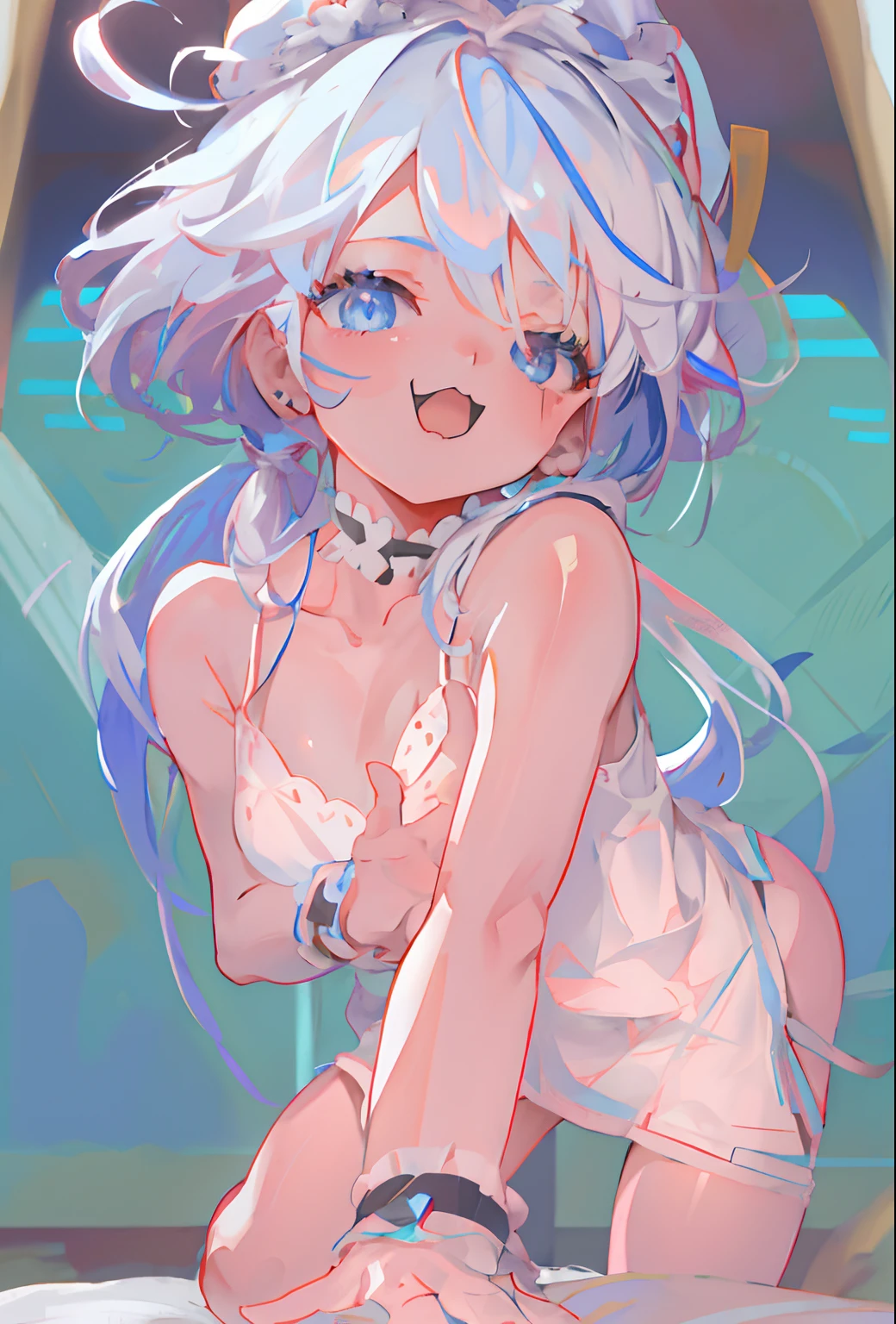 Anime girl posing on bed with blue hair and white dress, Guweiz in Pixiv ArtStation, ahegao, white haired Cangcang, Digital art on Pixiv, trending on artstation pixiv, Best Rated on pixiv, Guweiz on ArtStation Pixiv, , author:Shitao, white-haired god, White-haired