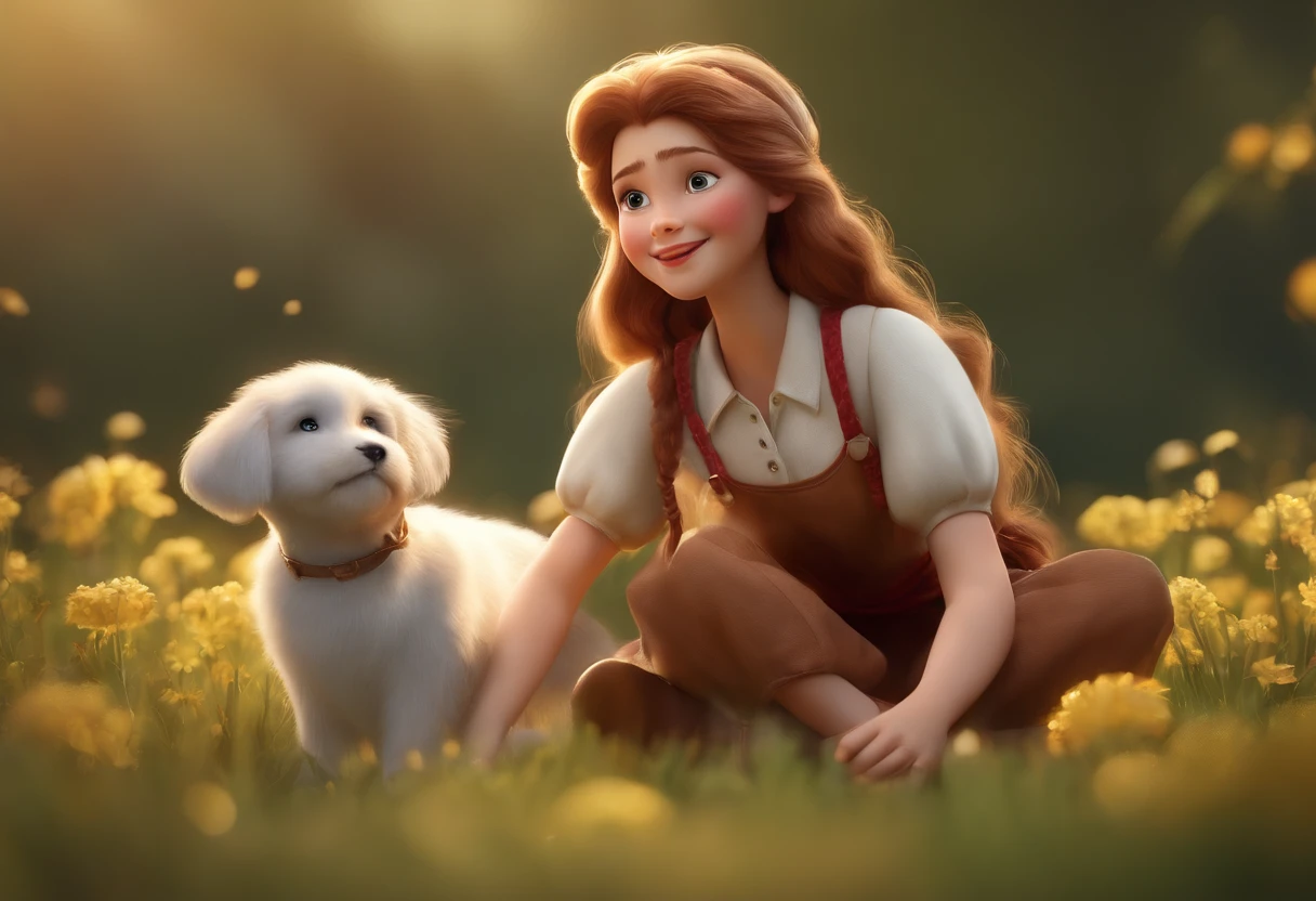 movie picture quality,Disney animation,style of disney animation,Disney movie animation,3D movies,China-style,Chubby long hair girl and puppy playing in country field,long hair and small braids,Denim suspenders,The barefoot,depth of fields,high light,Real light,Ray traching,oc rendered,Hyper-realistic,best qualtiy,8K,Works of masters,super-fine,Detailed pubic hair,Correct anatomy,sharp focus on eyes,Bokeh,Facial features are carefully depicted