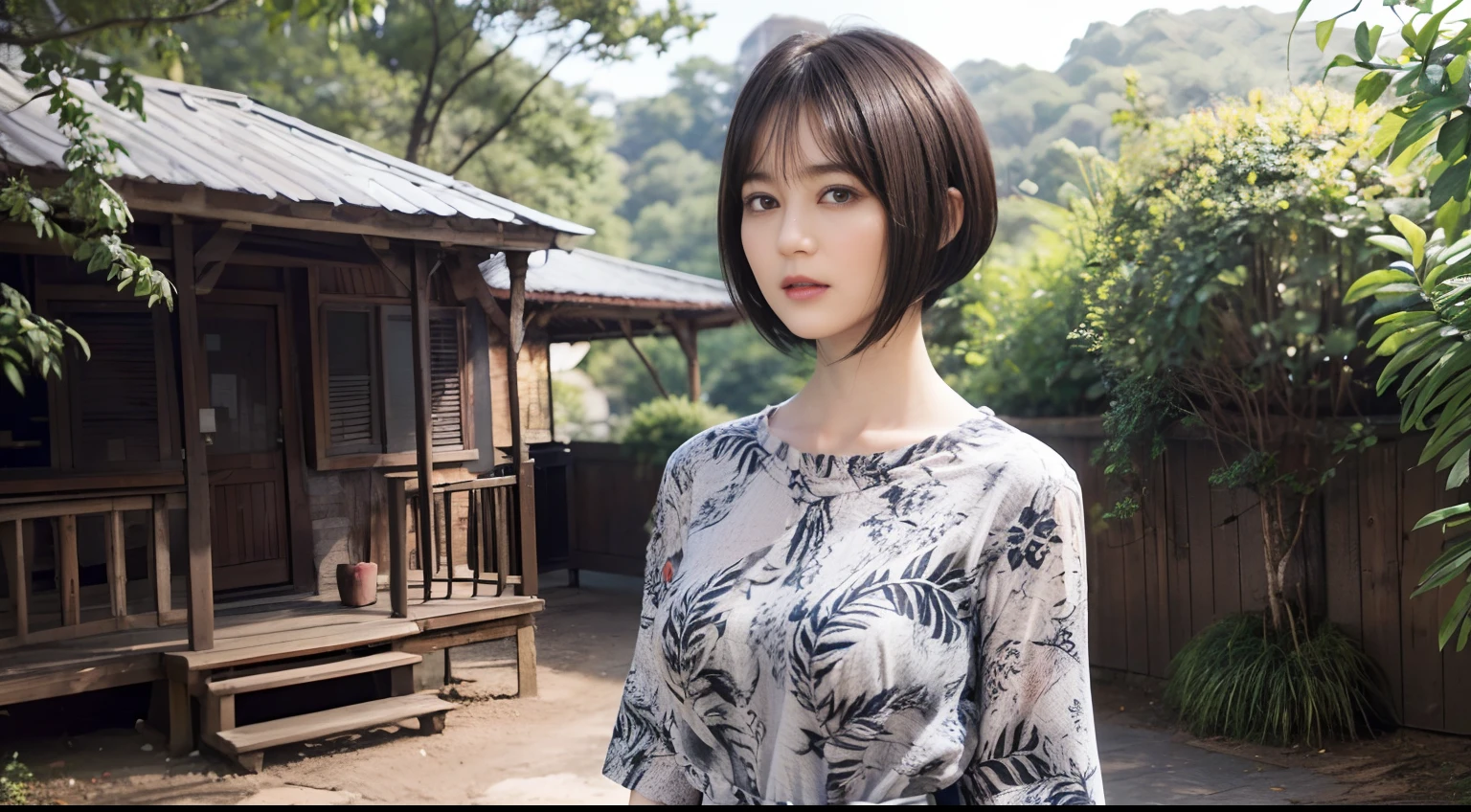 60
(a 20 yo woman,is standing), (A hyper-realistic), (masutepiece), ((A dark-haired、short-hair:1.3)), (Breast), Gentle expression, (Clothing printed with wild animal characters)