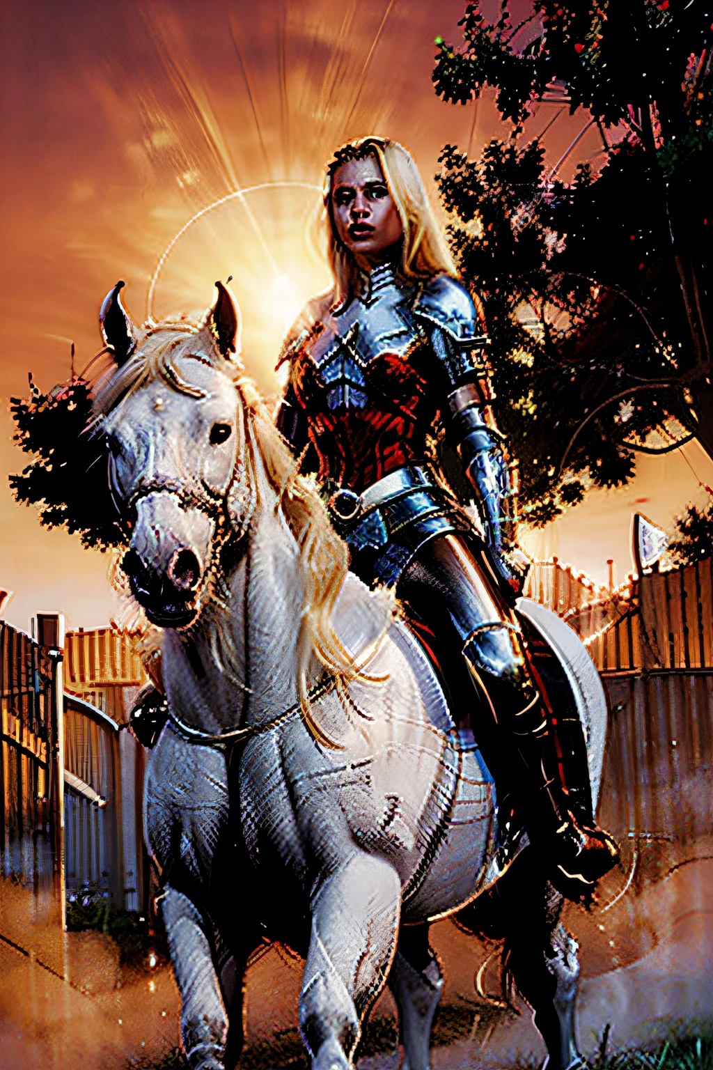 Beautiful blonde woman riding a white horse knight of the apocalypse with medieval background