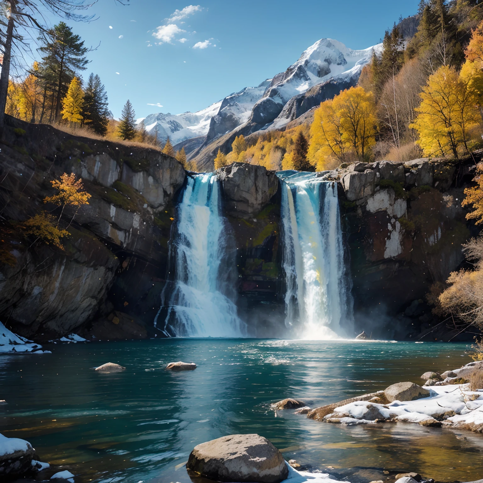 Create a high-quality image with advanced levels of detail in a cinematic style. The scene should depict a beautiful blue glacial waterfall flowing between two snow-capped mountains, with trees featuring their autumn yellow leaves, and in the background, a radiant sun illuminating the surroundings and reflecting in the river.
