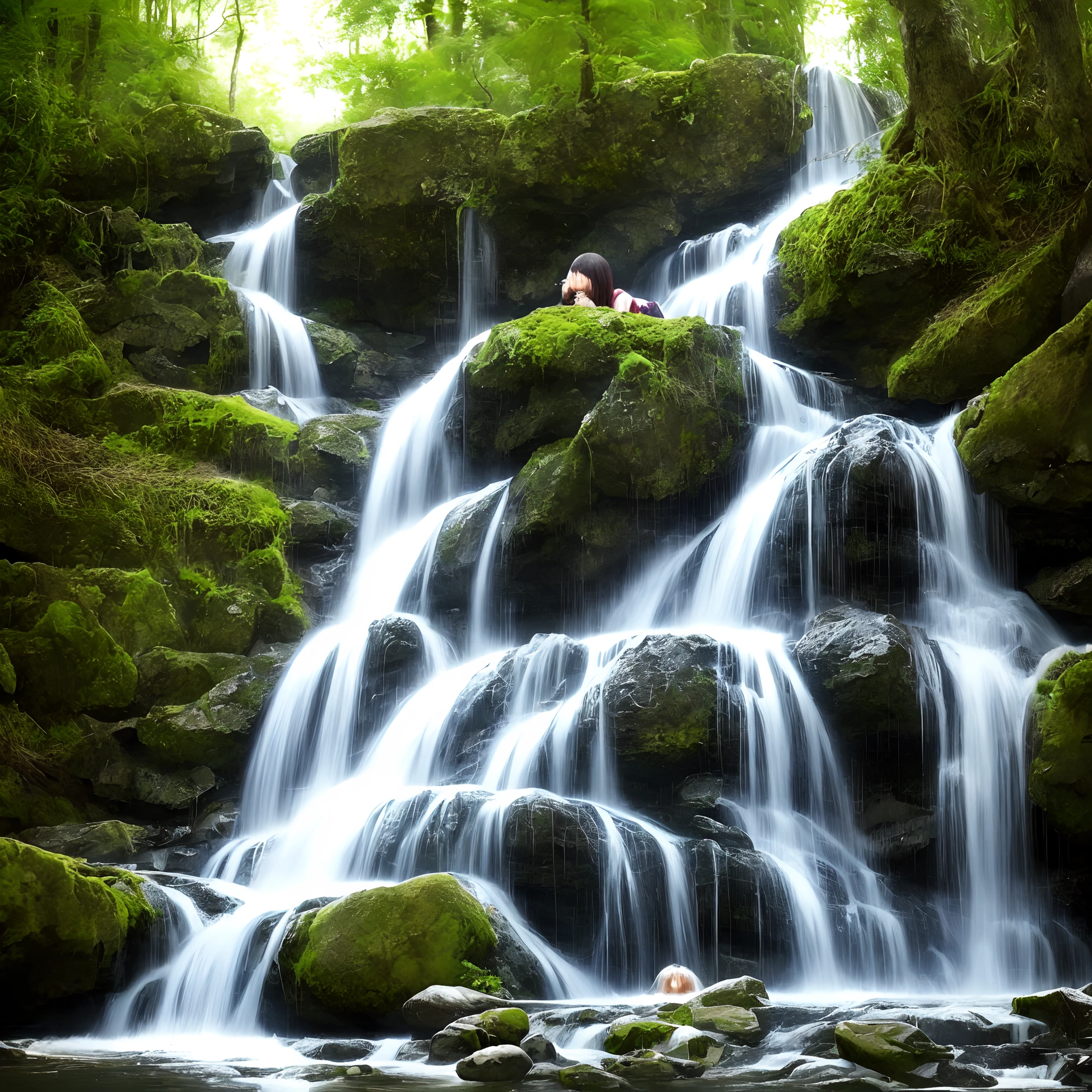 A crying woman creates a waterfall with her tears