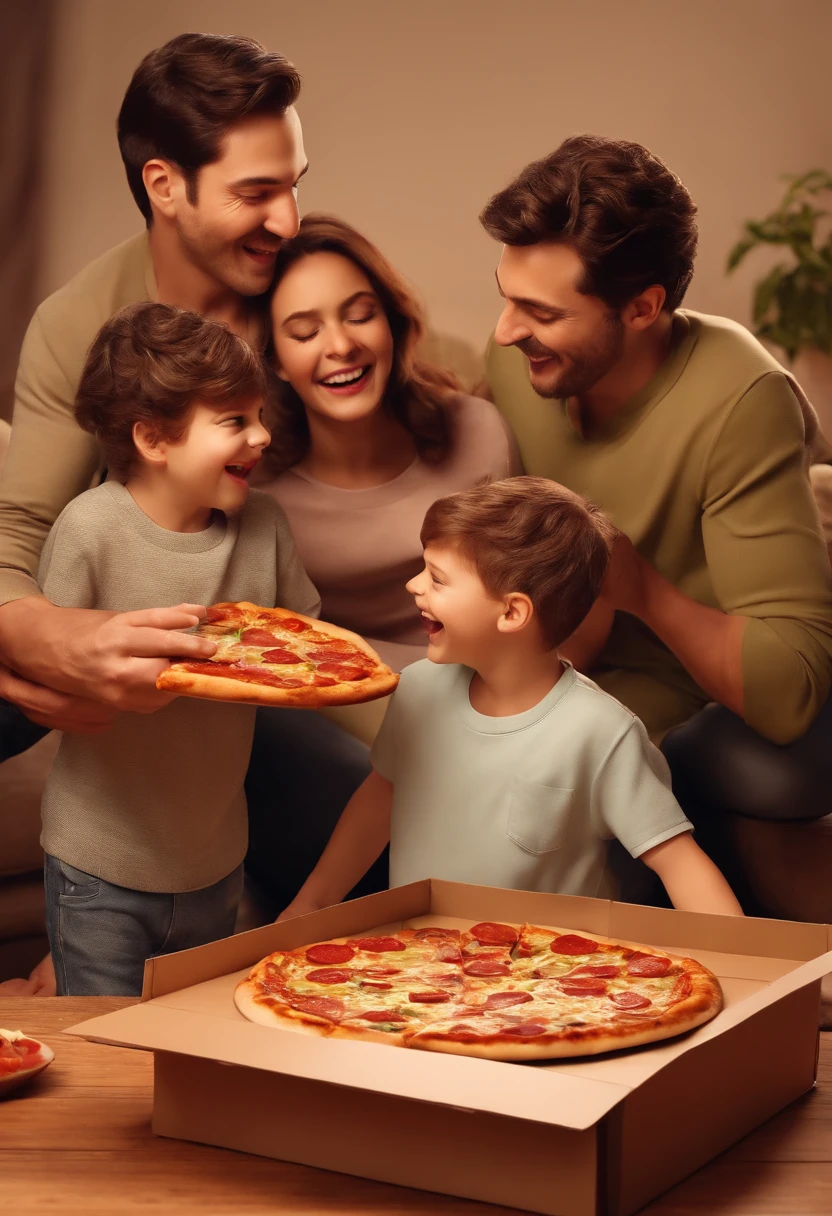 A family with a father, a mother and a son opening a pizza box, with an expression of surprise and happiness, because the pizza is delicious. They have a pet dog and a cat. 3D, Realistic.