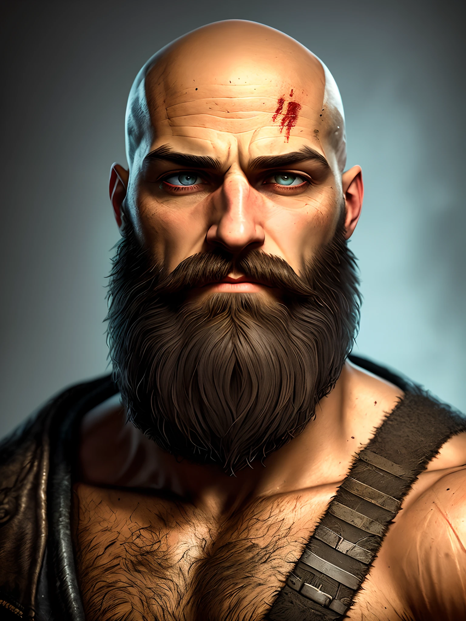 A portrait of a serious man, (photo portrait:1.4) in a dark studio, short black beard, bald, toxic, muscle, god, realistic epic, faded, (((HDR))), hyperdetailed, cinematic, warm lights, intricate details, muscle, realistic skin, brown eyes, kratos