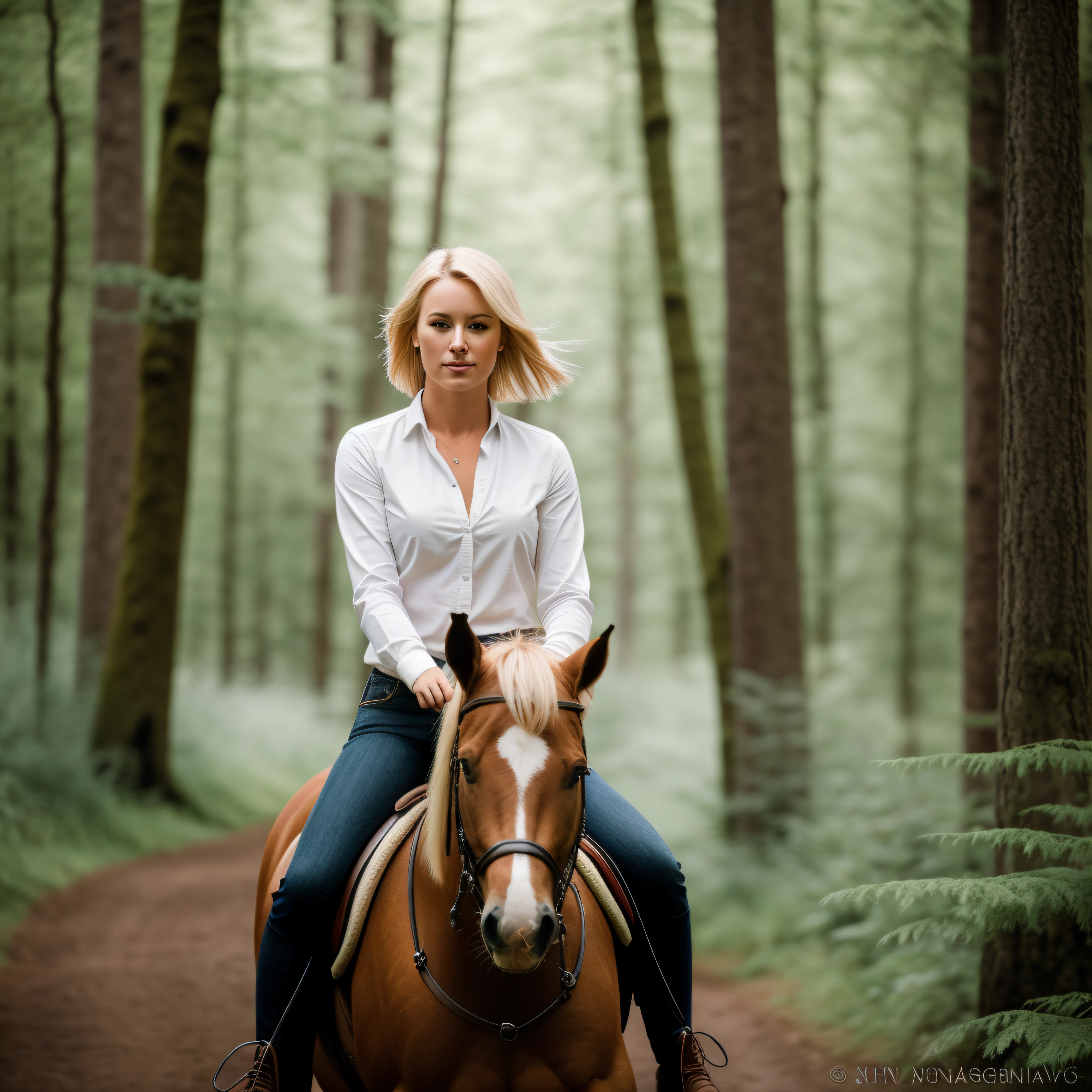 blonde woman riding a horse in a forest with trees, galloping through the forest, riding horse, horse rider, riding a horse, ride horse, on a horse, riding on a prancing horse, looking majestic in forest, equestrian photography, equine photography, on forest path, photo still, equine photo, enjoying a stroll in the forest, in beautiful woods