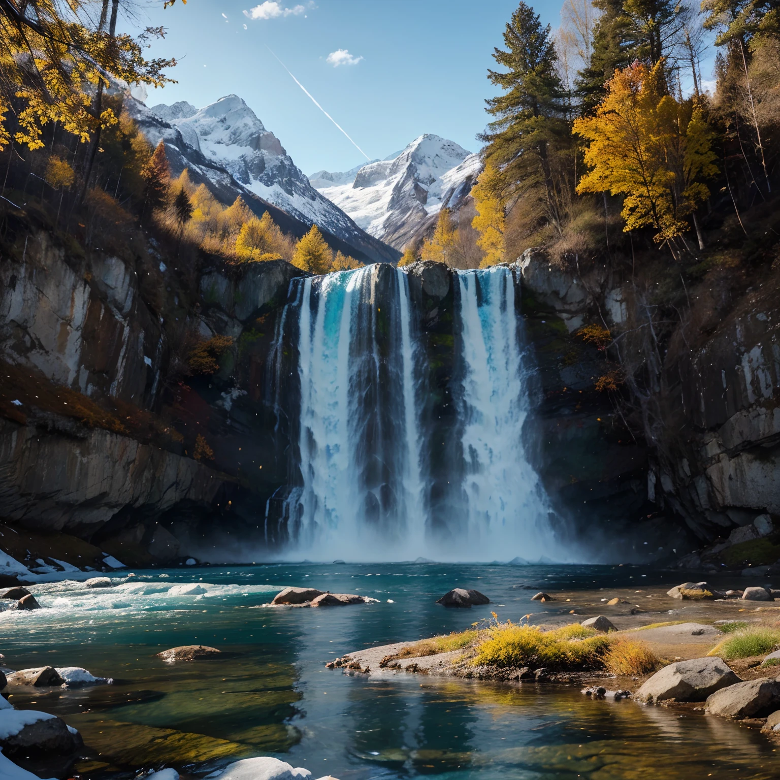 Create a high-quality image with advanced levels of detail in a cinematic style. The scene should depict a beautiful blue glacial waterfall flowing between two snow-capped mountains, with trees featuring their autumn yellow leaves, and in the background, a radiant sun illuminating the surroundings and reflecting in the river.