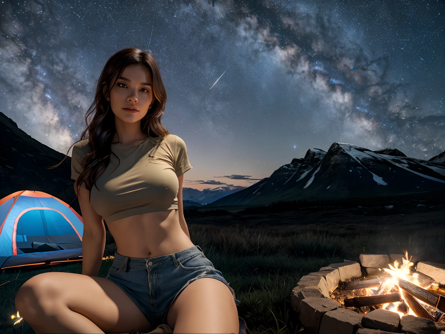 there is a woman sitting next to a campfire in the grass, outdoors at night, 8 k sensual lighting, night outdoors, under the stars, 4k extremely photorealistic, 4 k extremely photorealistic, at a campfire at night, watching the stars at night, cgsociety uhd 4k highly detailed, trending on cgstation, night time with starry sky, attractive pose