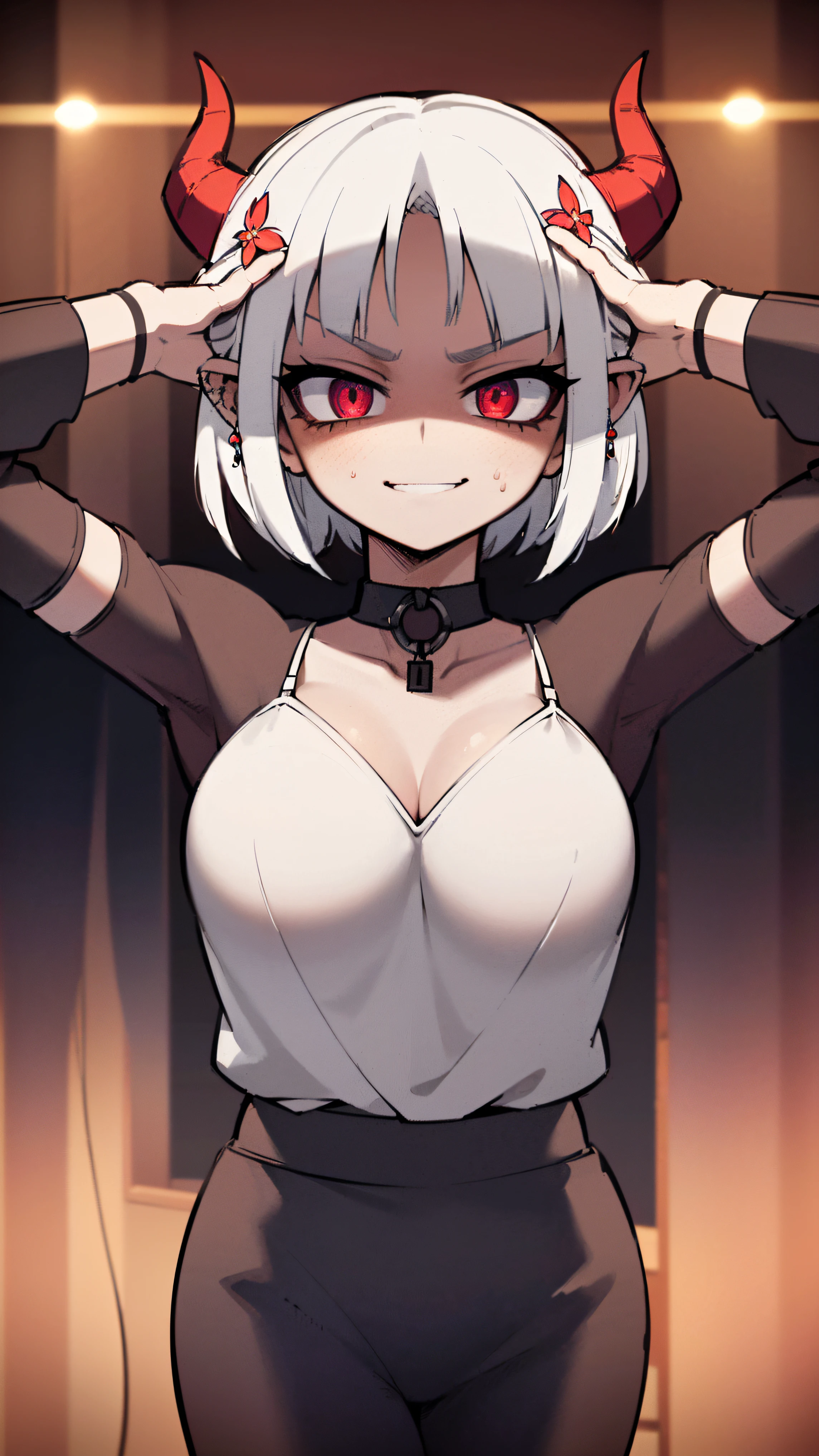 BLACKLIGHT, ((NSFW)), ((Small Boobs)), realistic art, extremely delicate and beautiful, ultra-detailed, (1girl), ((Red eyes)), floating, detailed light, illustration, dynamic angle, depth of field, ((((milf)))), girly, ((Red and White hair, multicoloured hair, Red highlights hair, (Ponytail), hair ornament, hair flower, flower, makeup, braid, smile)), demon eyes, fangs, pale white skin, (((best quality, 1girl, (skindentation), (blur background:0.6), (casual yet stylish, ((Demon Horns)), ), gorgeous, (short hair:1.5), soft lighting, wind, (front light:1.5), surprised, choker, smile, jewelry, earrings))), (ultra high res, best quality,), (8k, raw photo, best quality, masterpiece), technological sense, best quality, masterpiece, illustration,CG ,unity ,wallpaper, official art, Amazing, finely detail, an extremely delicate and beautiful,extremely detailed, highly detailed, sharp focus,rich background, (real person,photograph), ((high detailed skin)), ((( , (crazy eyes:1.3), (wide-eyed:1.2), (glowing eyes), (Demon) ))), (((a close up of a person with a weird face and nails, gothic maiden anime girl, gothic - cyberpunk, cyberpunk horror style, gothic art style, detailed digital anime art, gothic art, demon anime girl, gothic girl face, anime style 4 k, dark art style, anime cyberpunk art, gothic aesthetic, 1 7 - year - old anime goth girl, gothic horror vibes)))