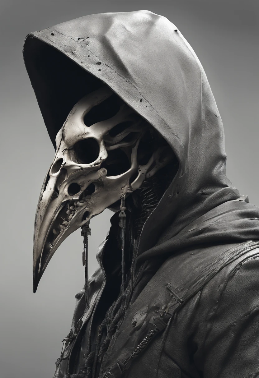 Person wearing bird skull with hood in a scary and realistic bust, lateral view, black andwhite