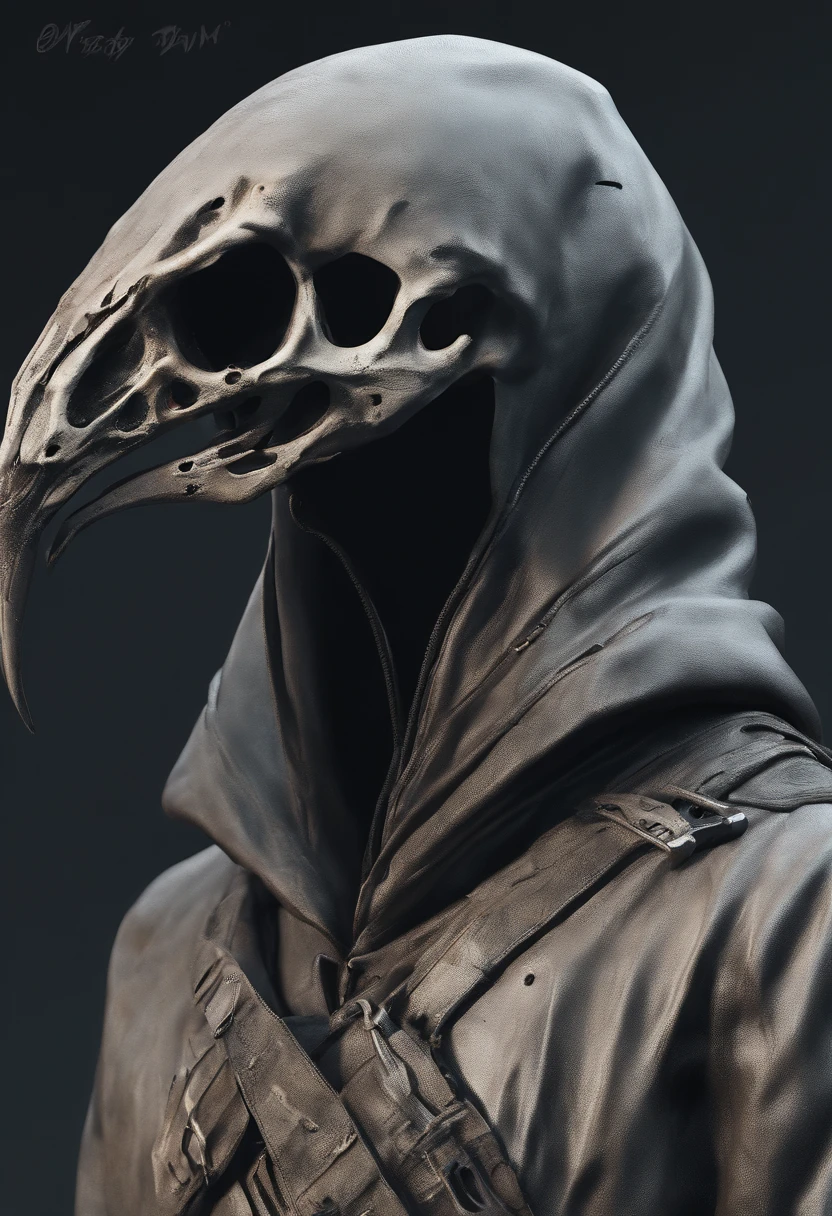 Person wearing bird skull with a hood on creepy realistic bust shot side view