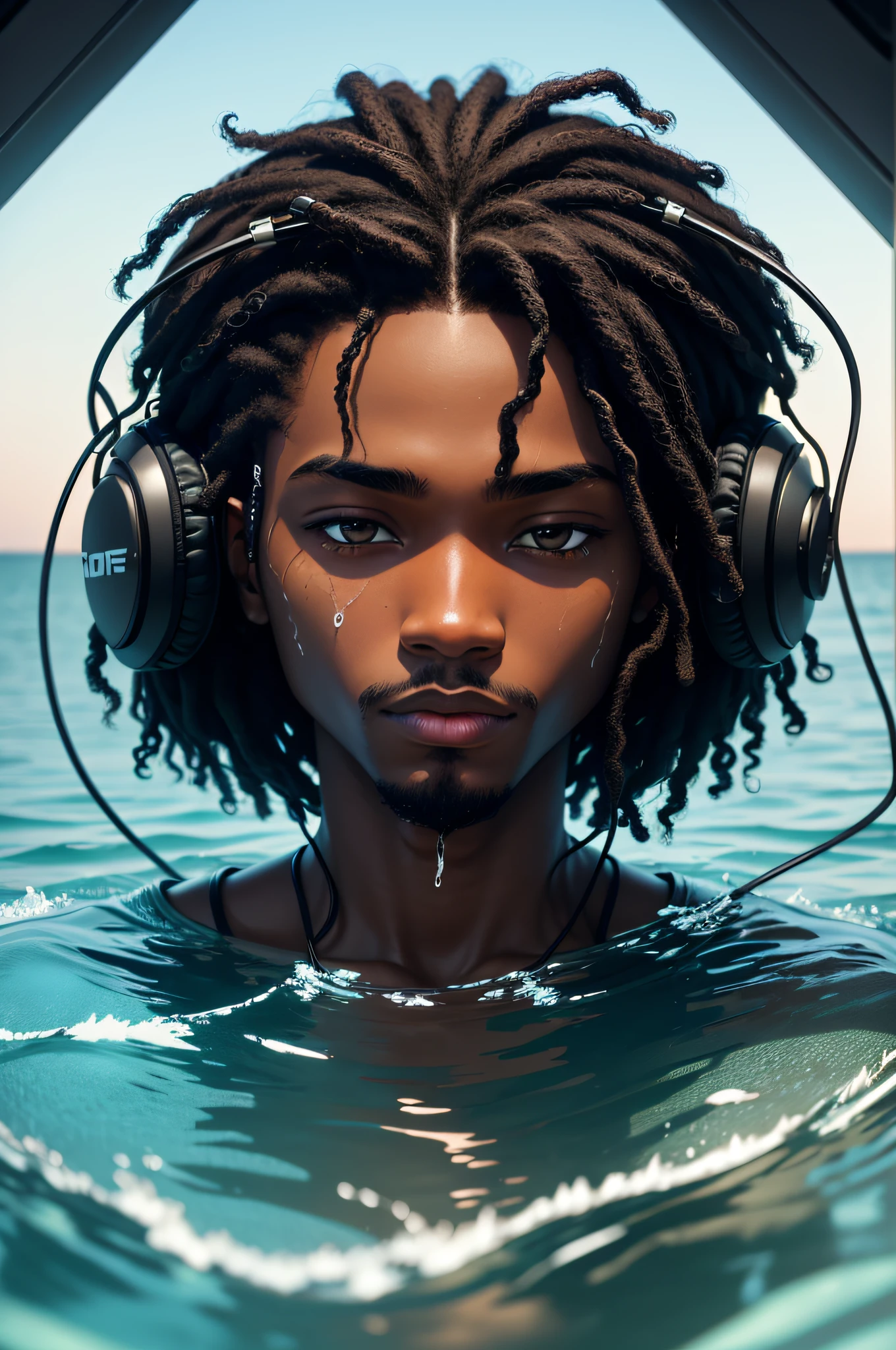 a black man, medium length hair, wearing headphones made out of water, as a logo for my lofi youtube channel