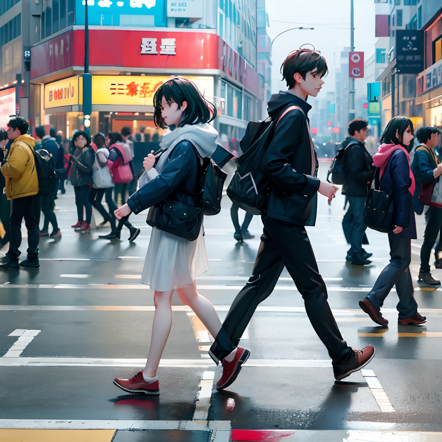 Men and women walk in opposite directions against each other，Crowd background: People walk across pedestrian crossings on busy city streets, street of hong kong, travelers walking the streets, Busy streets,  people walking on the street, busy streets filled with people, busy street, People walking around, crossing road, people in street, people walking, Crowded streets