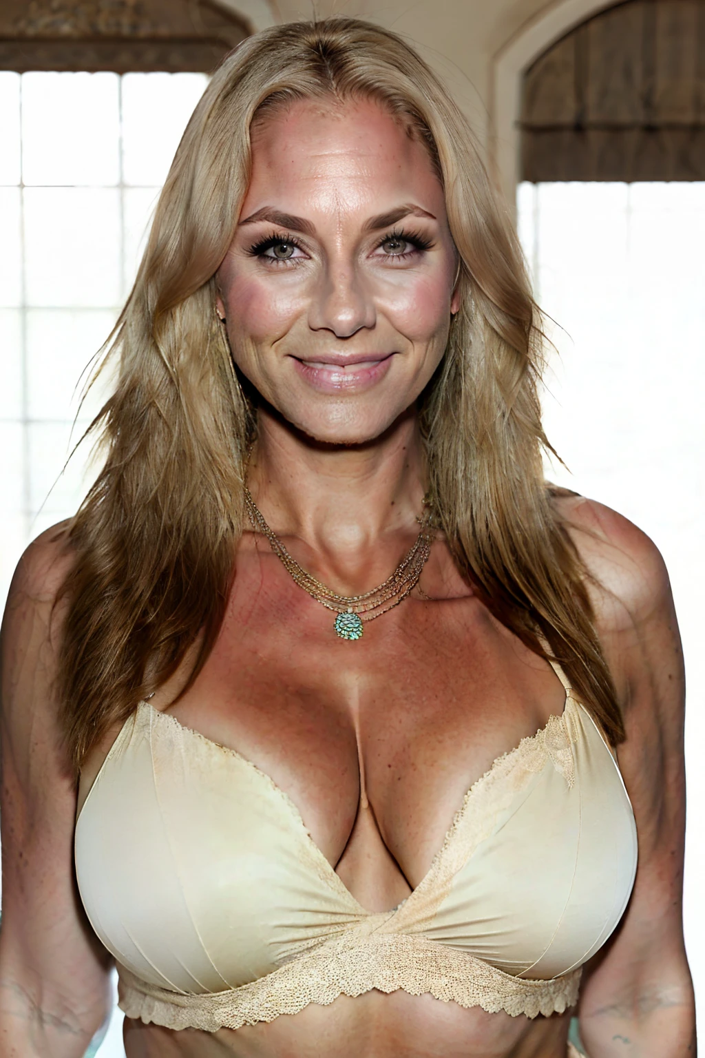 Photo of a mature american woman,Milf,beautiful face,curly blonde hair,no bra,visible nipple, wrinkles, aged, necklace, crowded papers room, closeup, neutral colors, barren land,gigantic breasts,round breasts,big cleavage,see-through clothing,see-through cardigan sport bra,topless