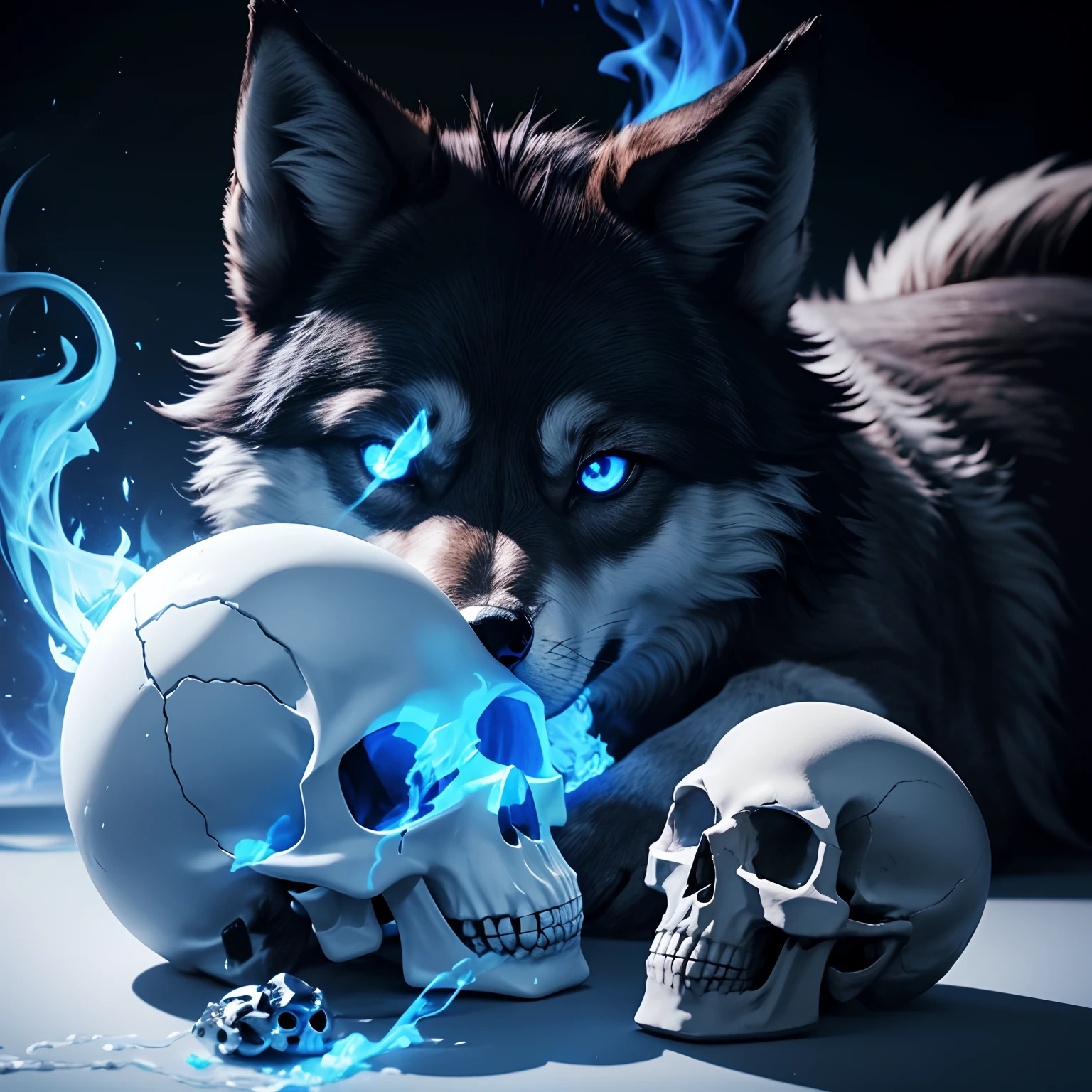 A small wolf with tender eyes playing with a skull with blue flames behind him on a white background